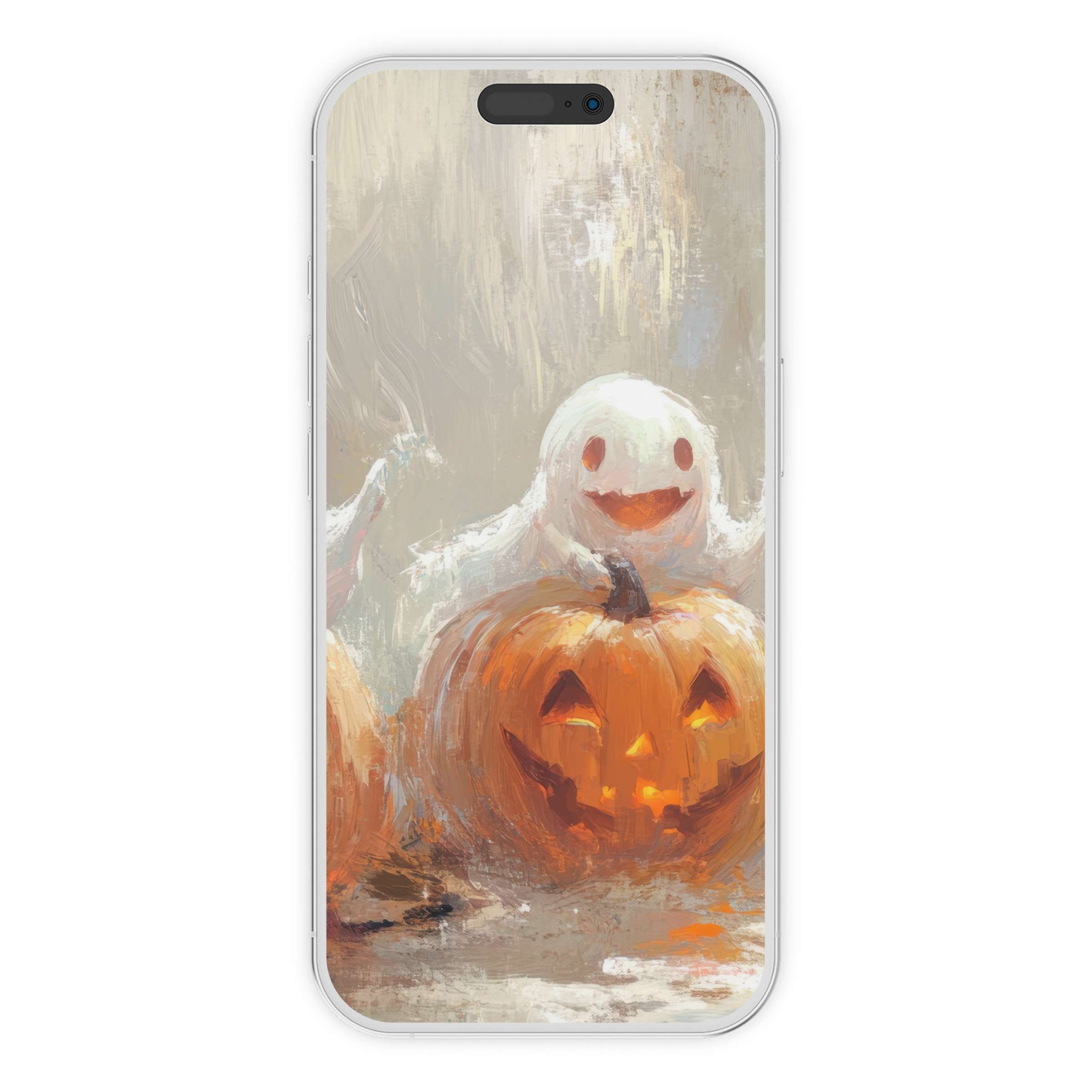 Elegant halloween iPhone wallpaper with a whimsical ghost and pumpkins, perfect digital download for phone background, serene mood