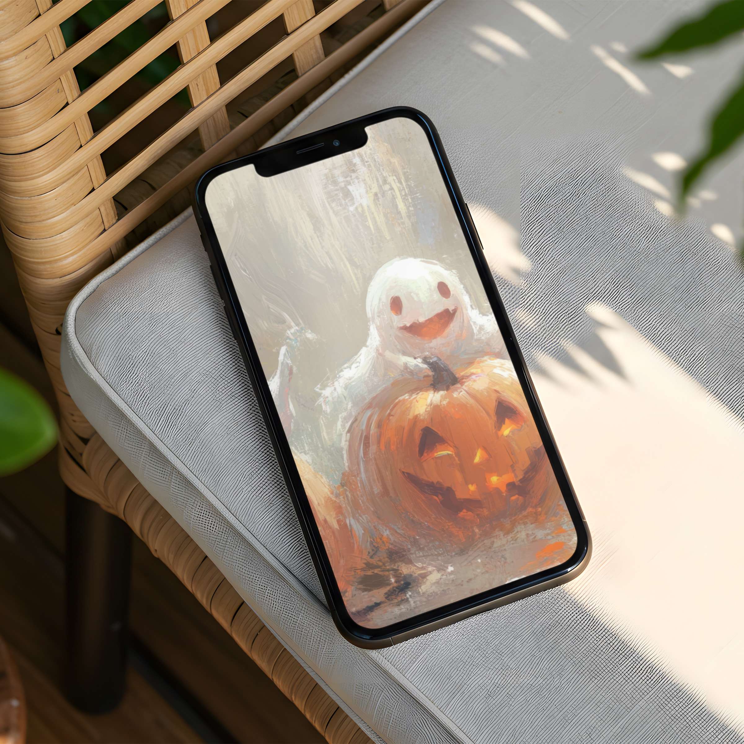 Charming ghost and pumpkin iPhone background delivering calm inspiration fits any phone with instant download for mindful design lovers