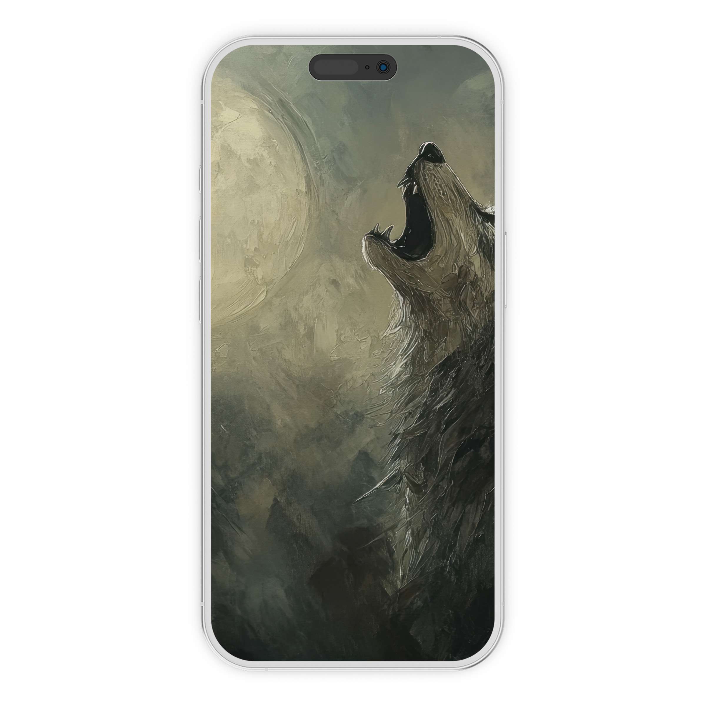 Mysterious halloween iPhone wallpaper featuring howling wolf against textured moonlit background digital download for phone adaptability