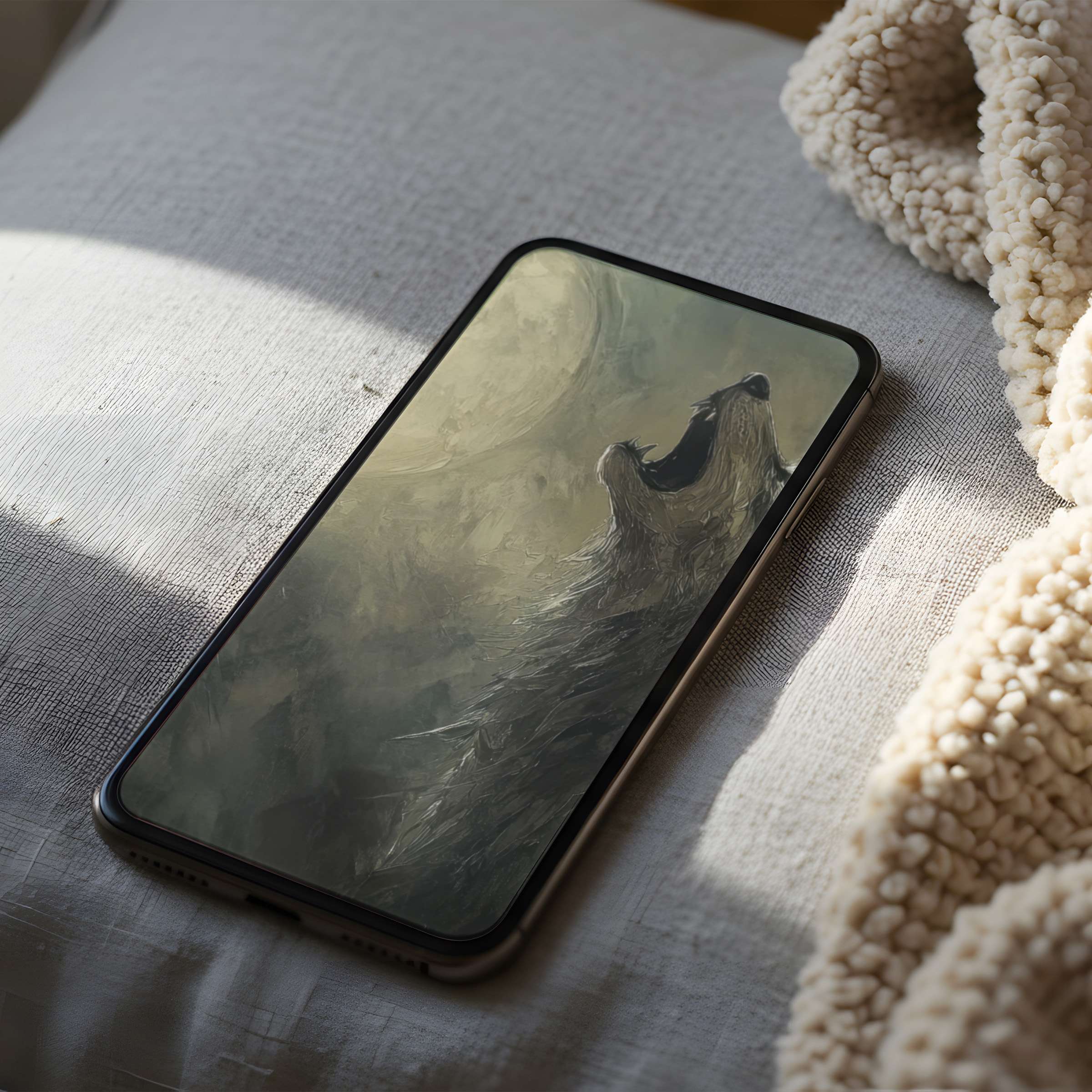 Elegant phone wallpaper with a howling wolf under a moody moonlit sky artfully enhances your iPhone in high resolution for digital download