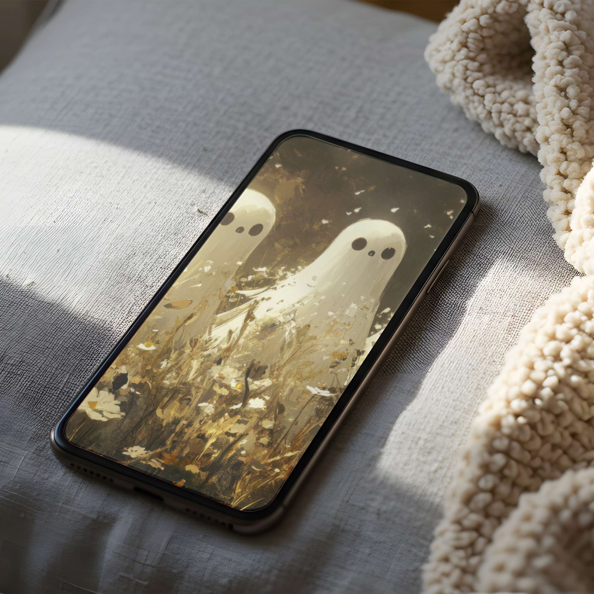 Elegant ghost-themed phone wallpaper in soft earthy tones, perfect for iPhone or Android with a high-resolution digital download option