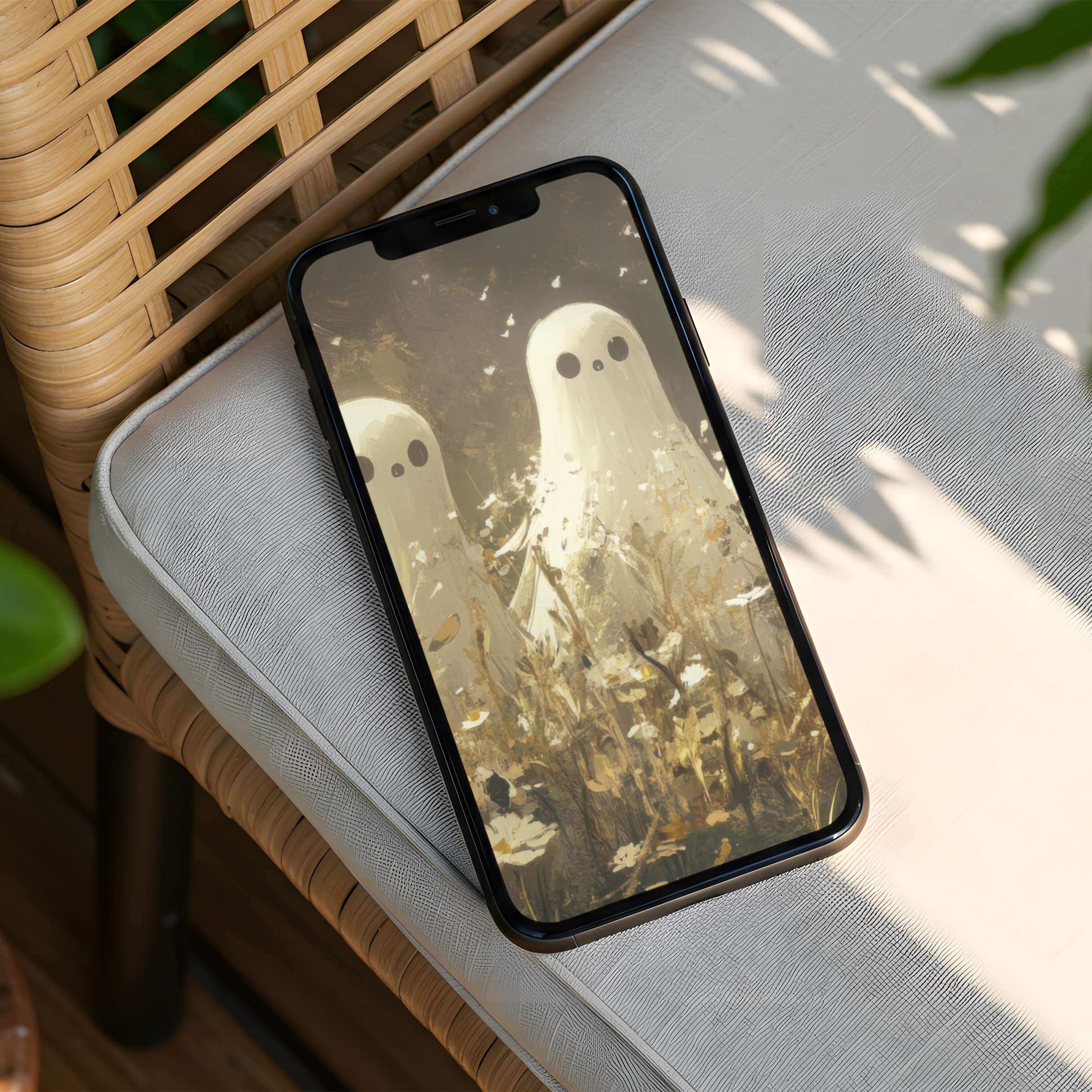 Elegant ghost-themed iPhone background in soothing earthy tones ideal for mindfulness Instant download for phones inspires calm