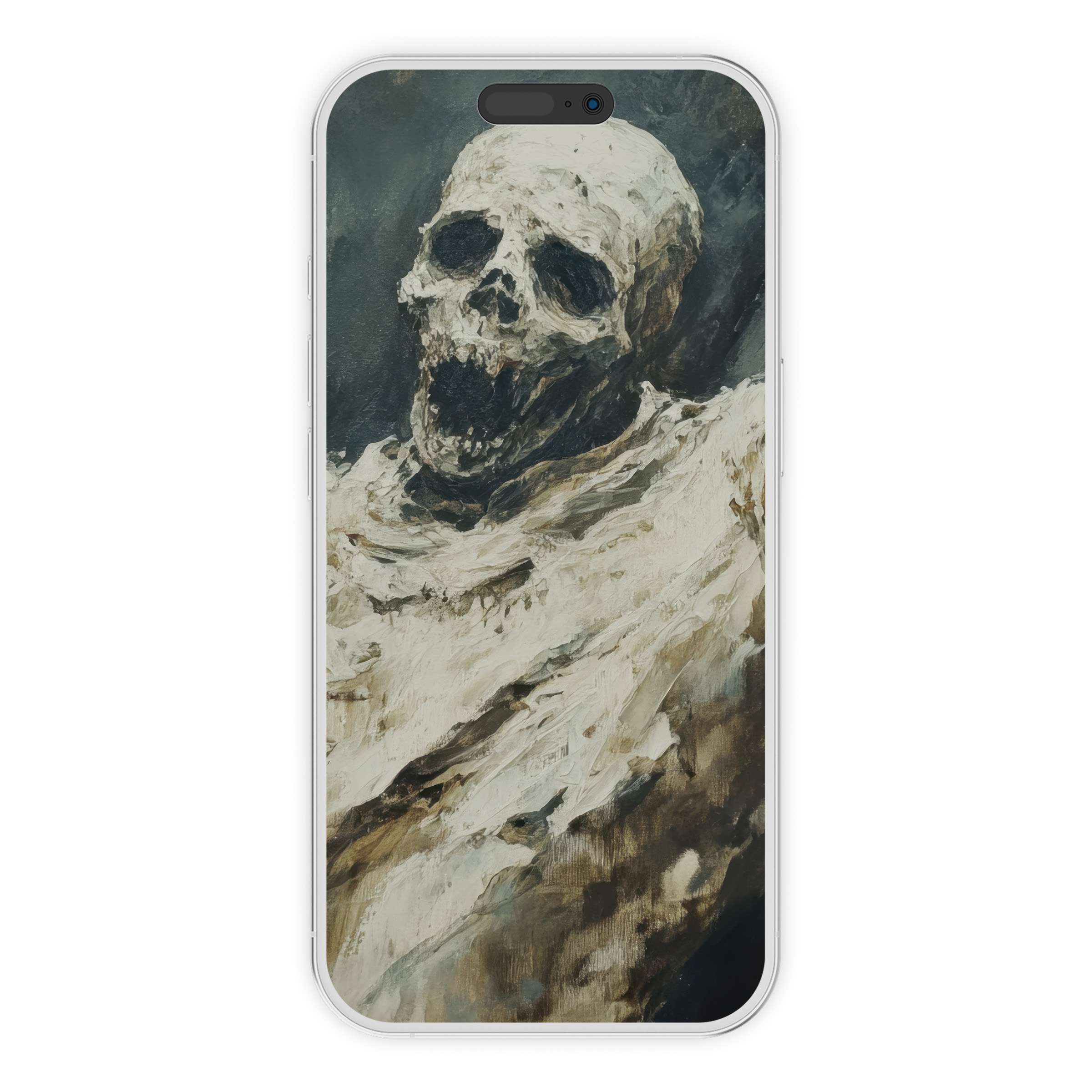 Evoke eerie elegance with this halloween iPhone wallpaper featuring a ghostly skeleton, perfect digital download for a phone background