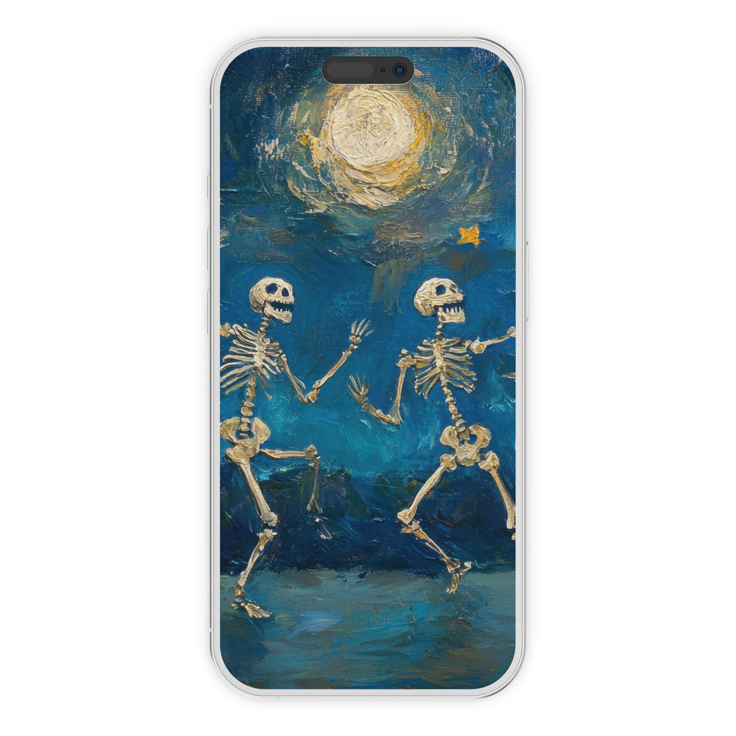Evoke whimsy with this halloween iPhone wallpaper featuring dancing skeletons under a full moon perfect for phone backgrounds digital download