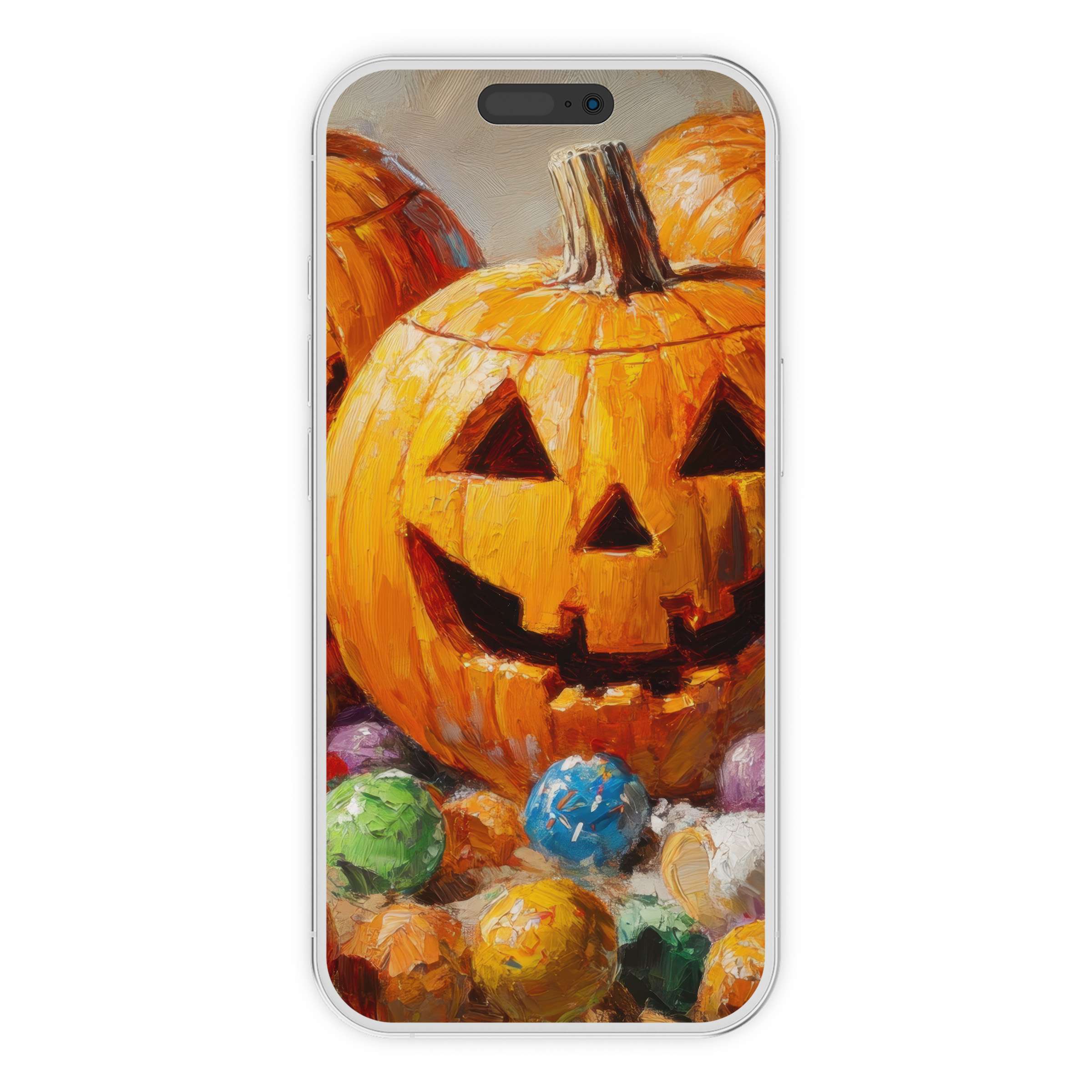 Halloween iPhone wallpaper features vibrant jack-o'-lantern art with textured pumpkins and colorful candy for your phone background digital download