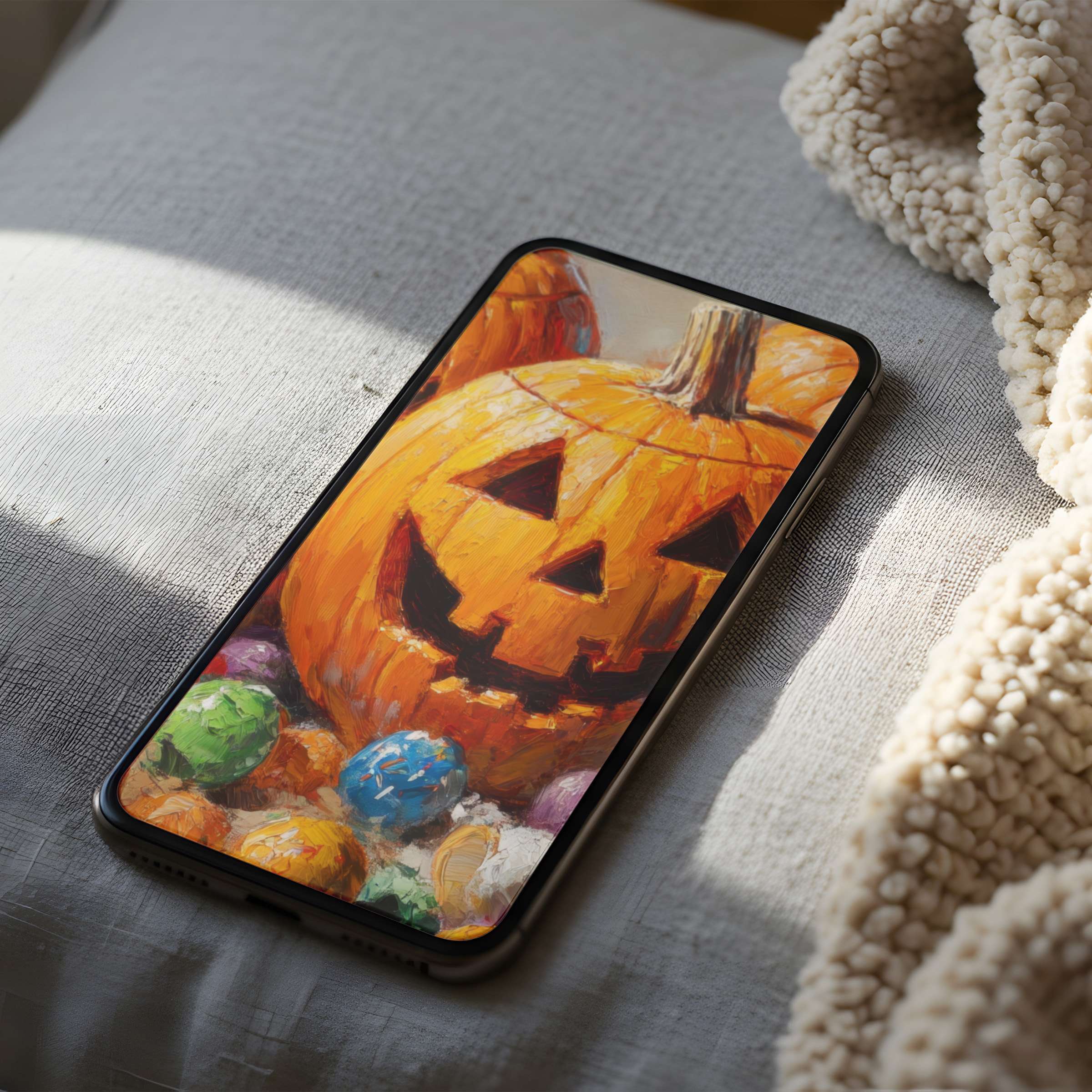 Vibrant pumpkin art phone wallpaper in high resolution, set on a cozy textured blanket, perfect for iPhone and android download