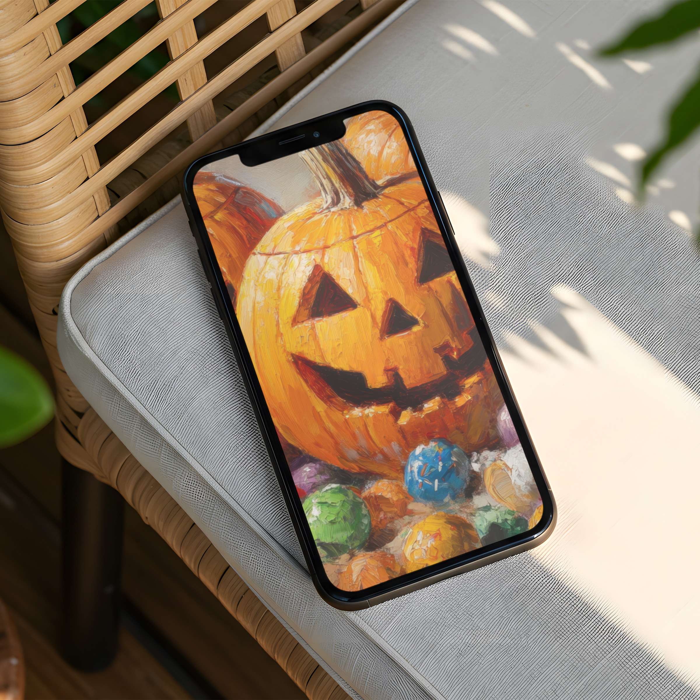 Vibrantly textured pumpkin painting evokes autumn charm as an elegant iPhone background for instant download on any phone