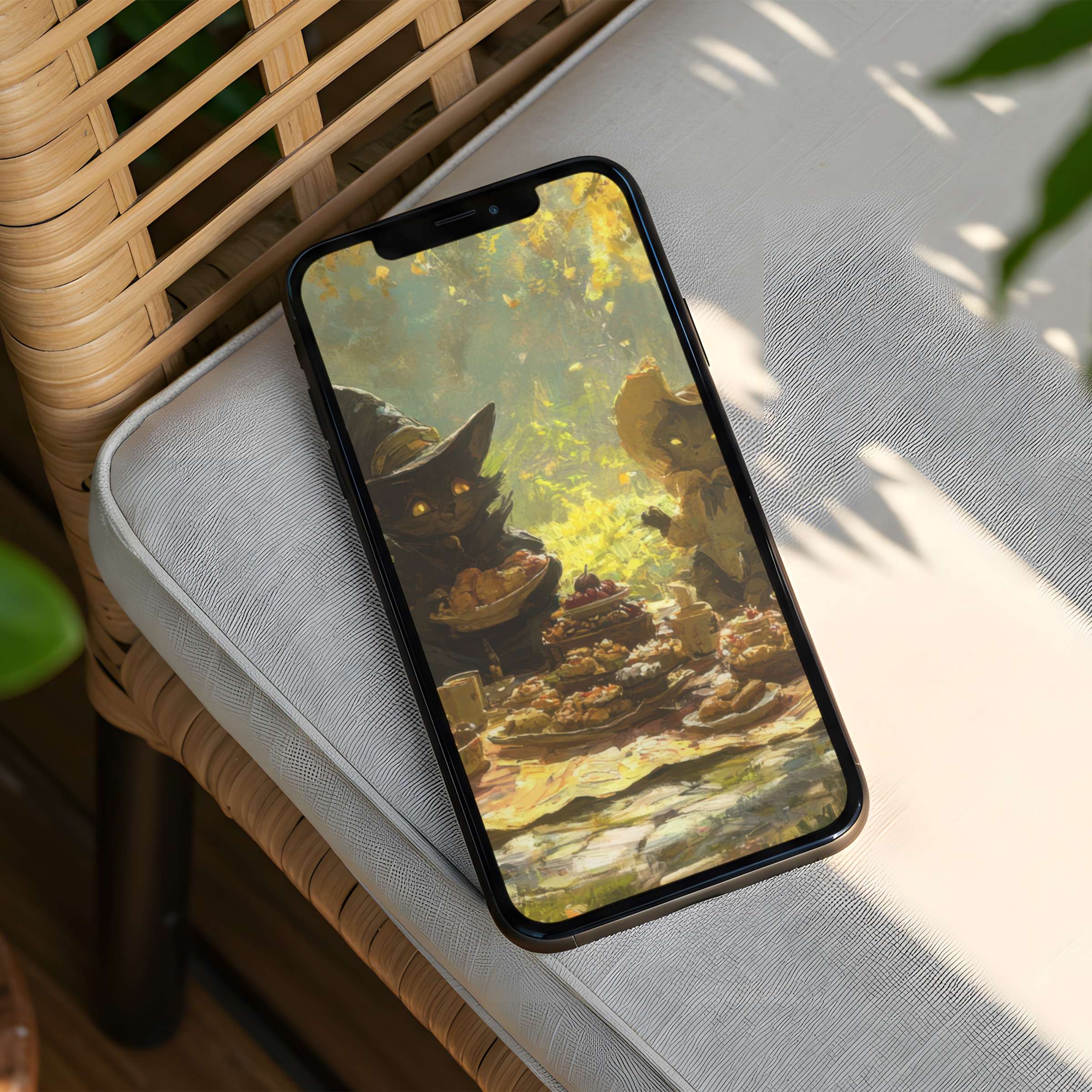 Elegant digital art scene of whimsical cats having a picnic under warm sunlight, ideal iPhone background phone instant download