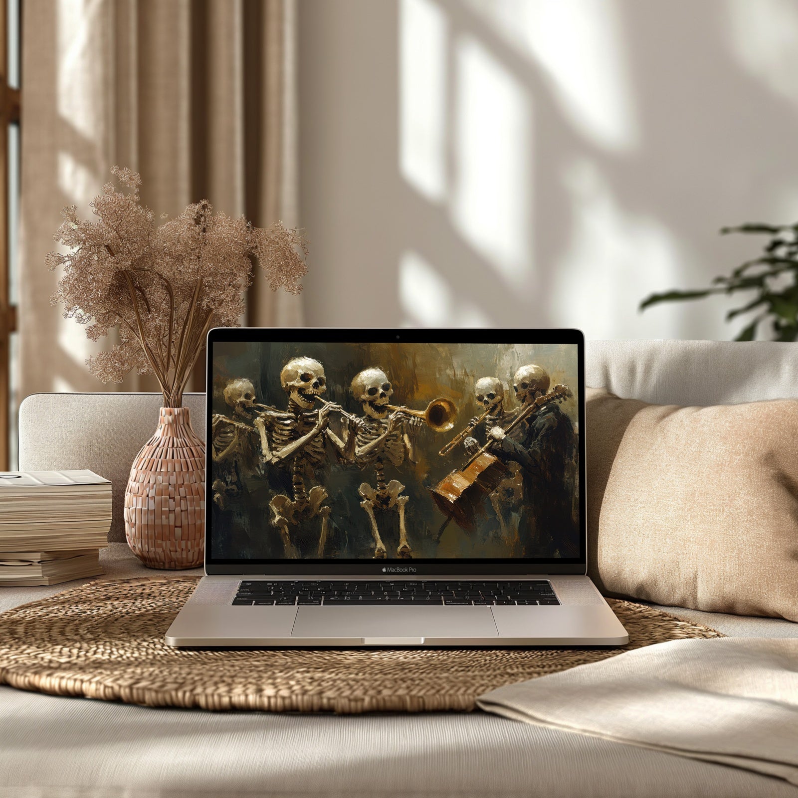 Halloween Computer Background with skeletons in minimalist living room