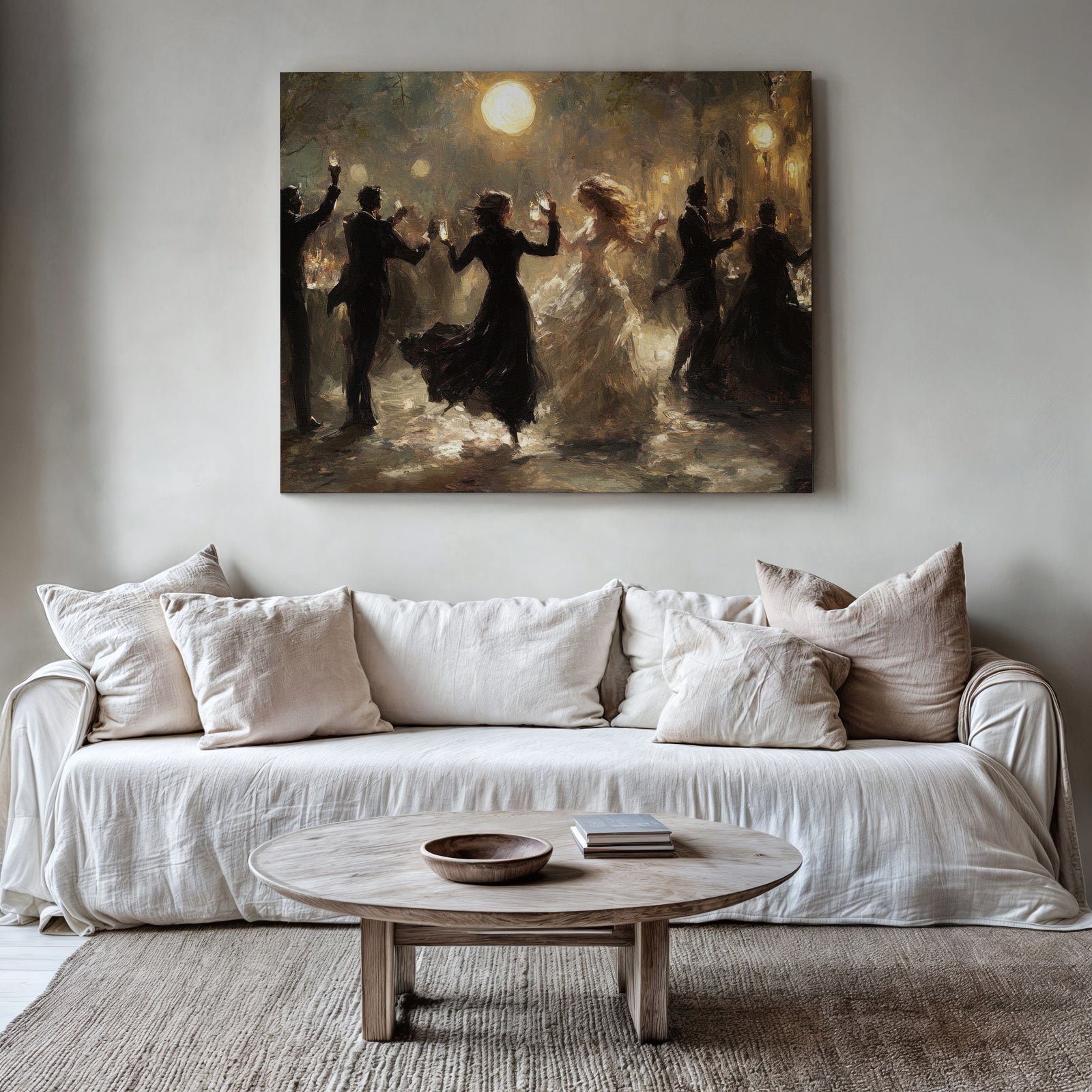 Moody Halloween wall art featuring elegant silhouettes dancing under a glowing full moon, painted in dark, atmospheric tones that bring mysterious autumn charm to any modern home