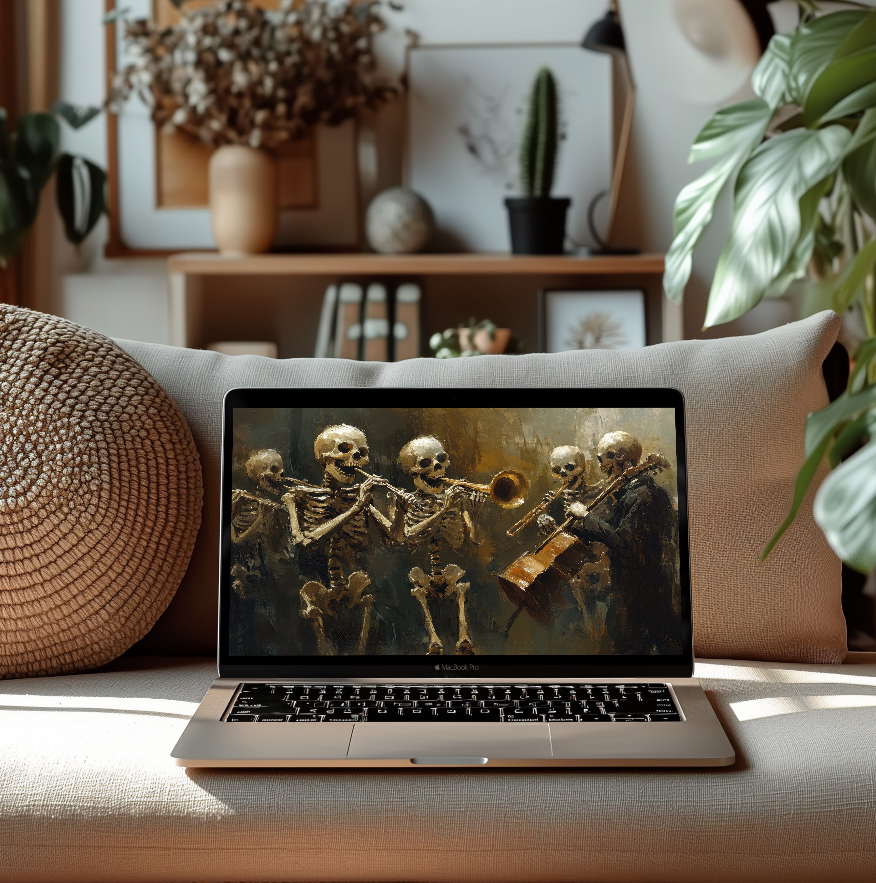 Halloween computer wallpaper featuring a painted skeleton band playing instruments in warm, moody tones, creating a perfect balance of spooky charm and artistic elegance for your workspace