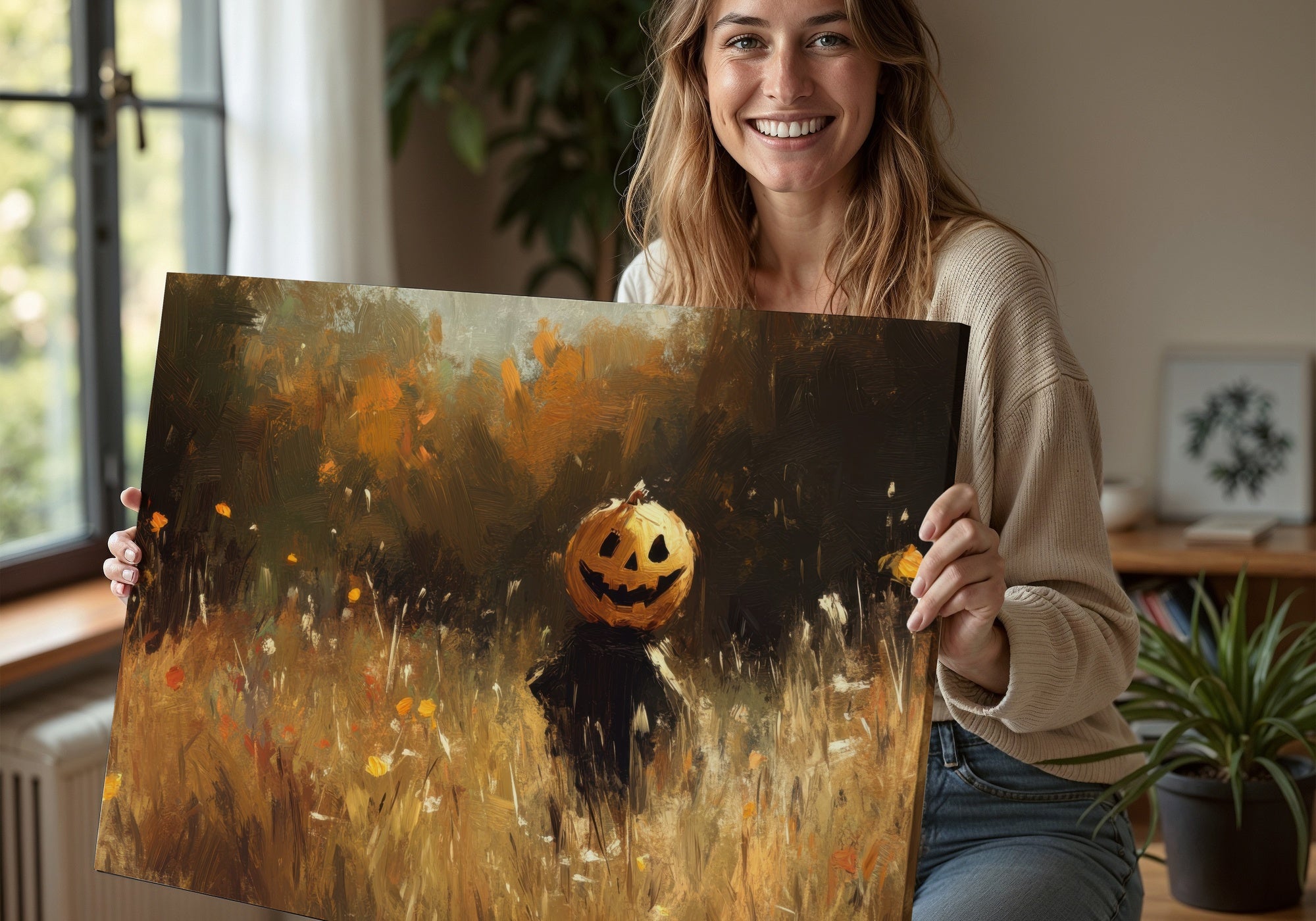Halloween printable wall art featuring a whimsical pumpkin-headed figure in an autumn field with warm orange and brown tones, held by a smiling woman indoors