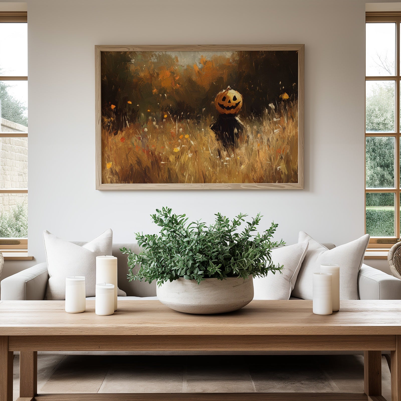 Halloween printable wall art featuring a whimsical pumpkin-headed figure standing in an autumn field with warm golden foliage, painted in a soft impressionist style – cozy seasonal decor for Halloween lovers