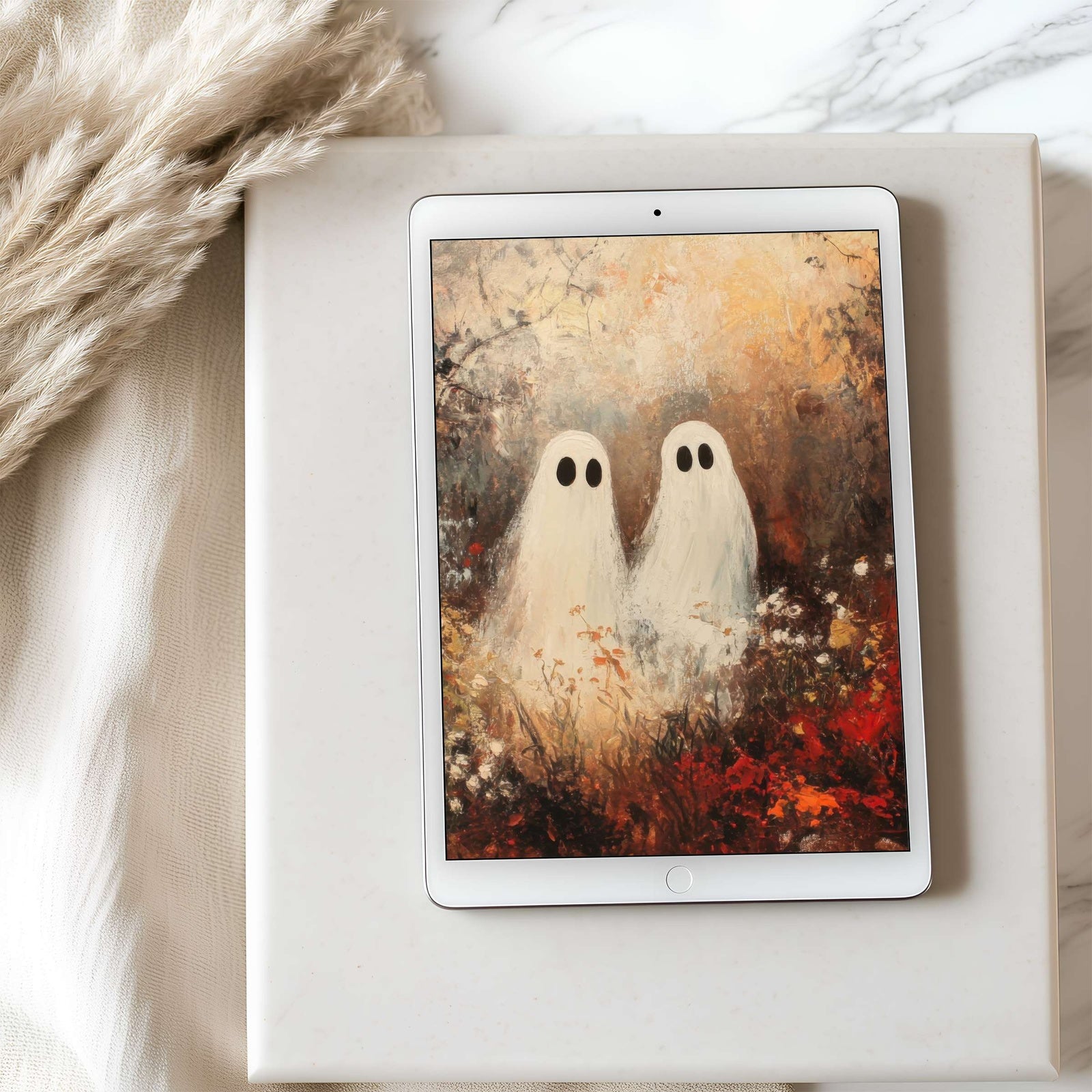 Halloween iPad Wallpaper Ghostly Duo in Autumn Glow