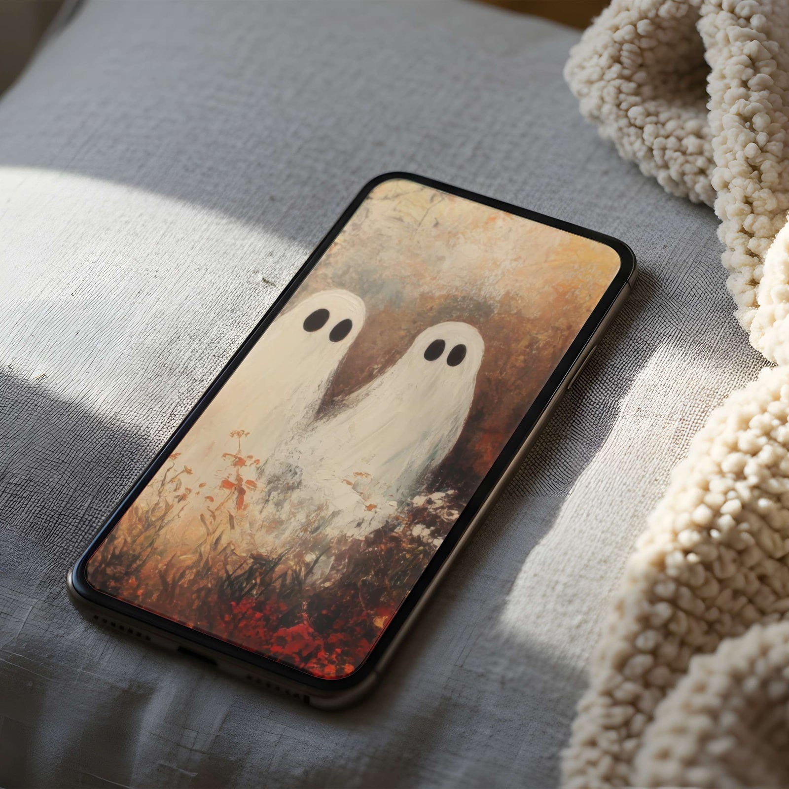 Halloween iPhone Wallpaper Ghostly Duo in Autumn Glow