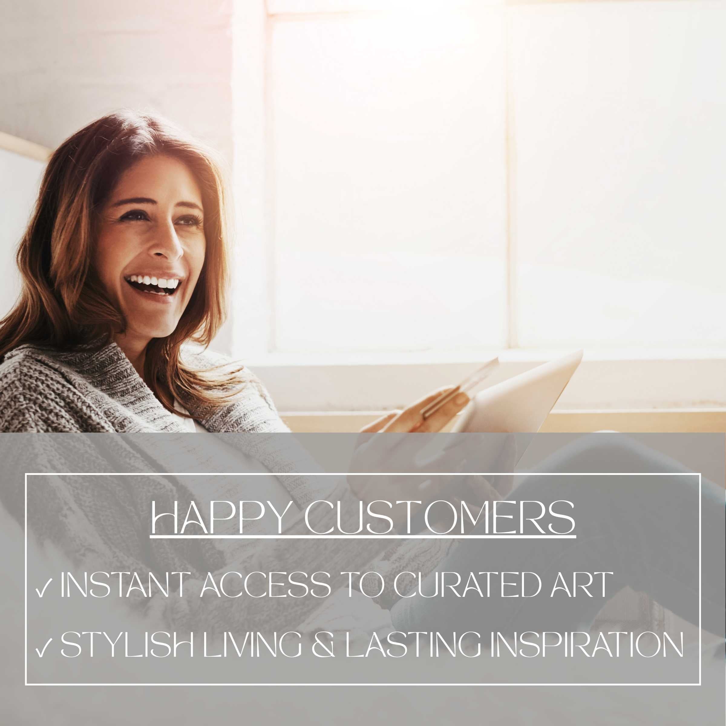 Happy customer enjoying curated iPad wallpaper digital download, high-resolution tablet background in 2048x2732 pixels for stylish living