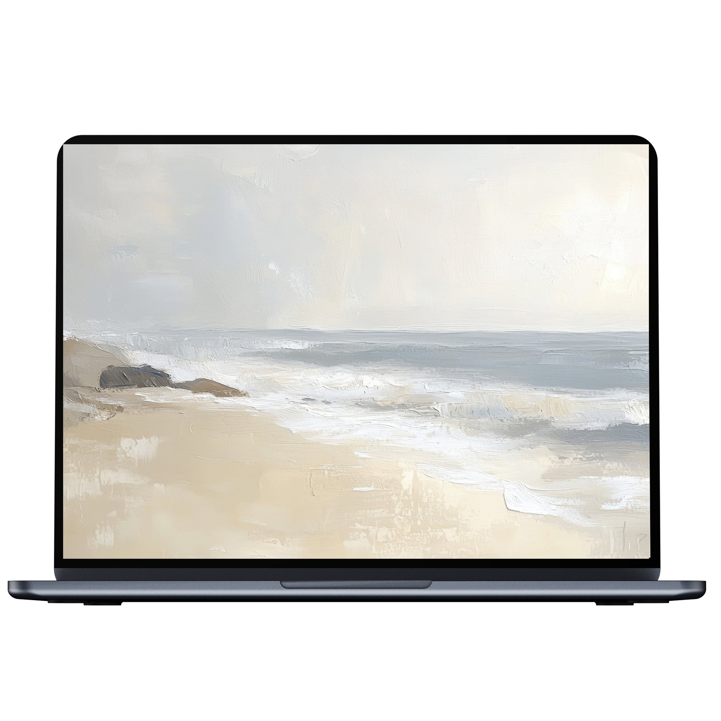 Calm coastal landscape desktop wallpaper with soft pastel tones enhances PC or laptop elegance, available as a digital download