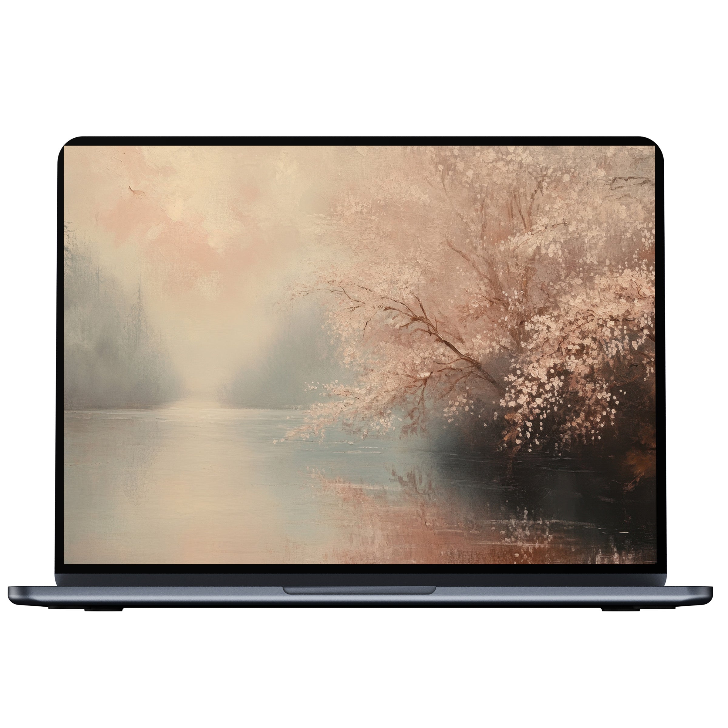 Elegant landscape desktop wallpaper featuring serene pink blossoms by a tranquil lake, perfect digital download for PC and laptop use