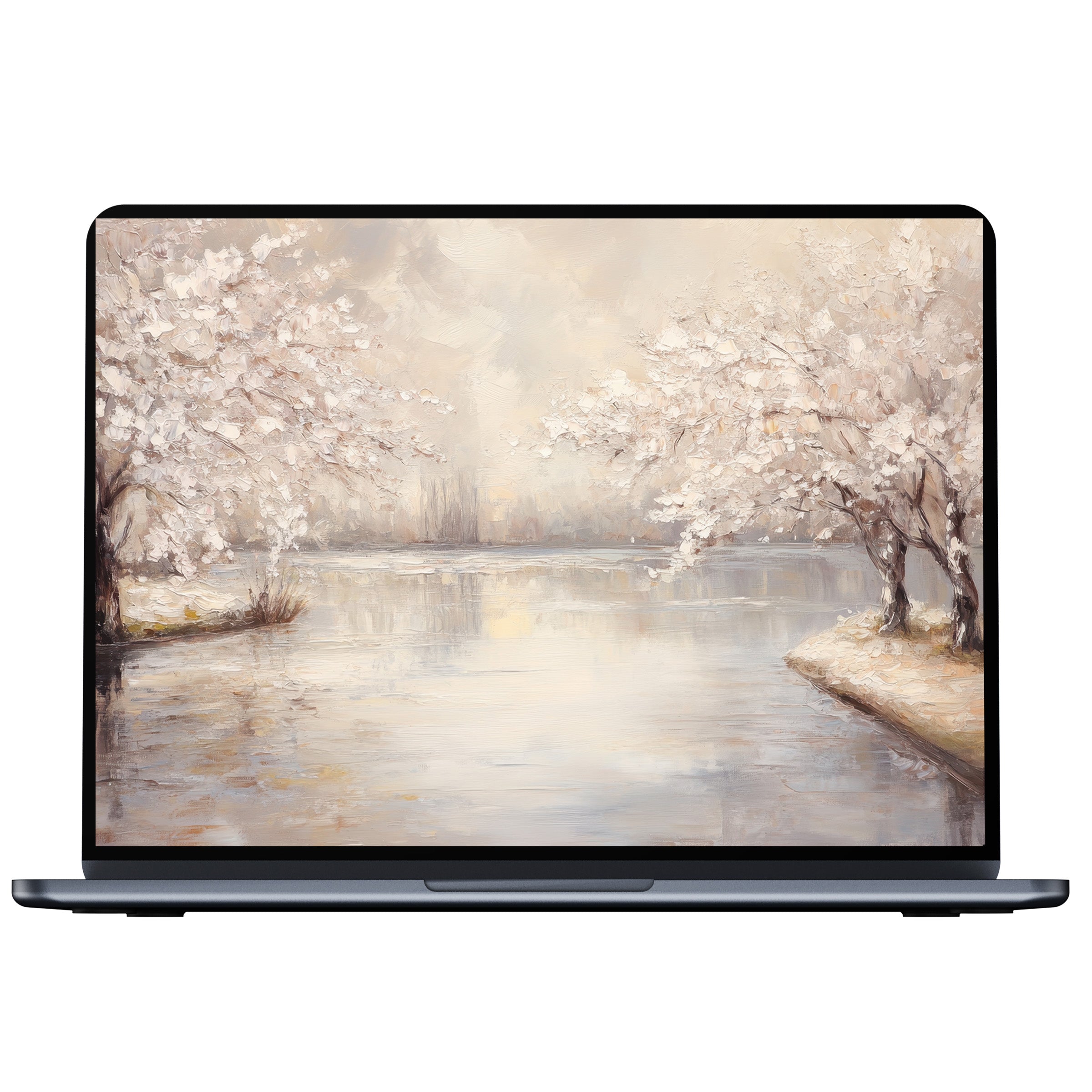 Elegant landscape desktop wallpaper featuring a serene, pastel-hued lake with blooming trees for PC, laptop, digital download, and Mac