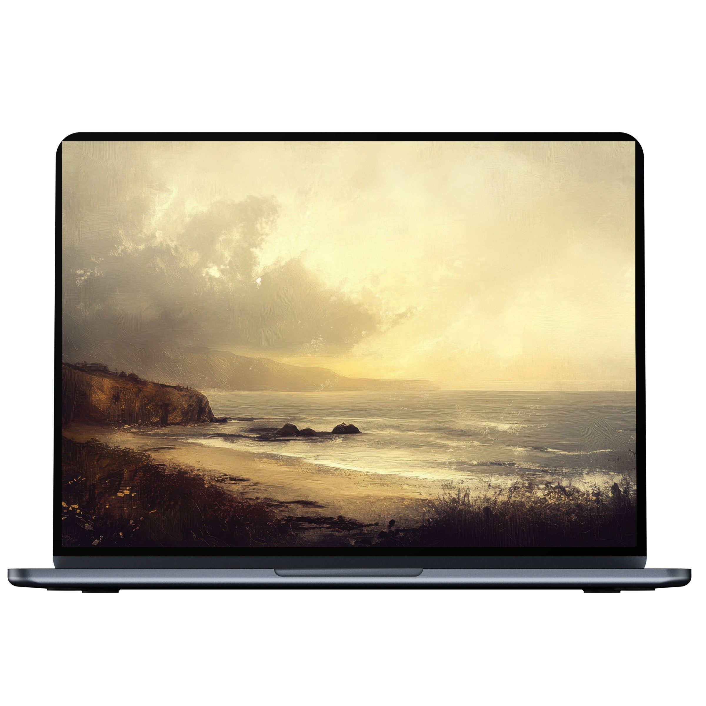 Serene seascape landscape desktop wallpaper digital download with golden hues inspires calm, fits PC, Laptop, adding elegance