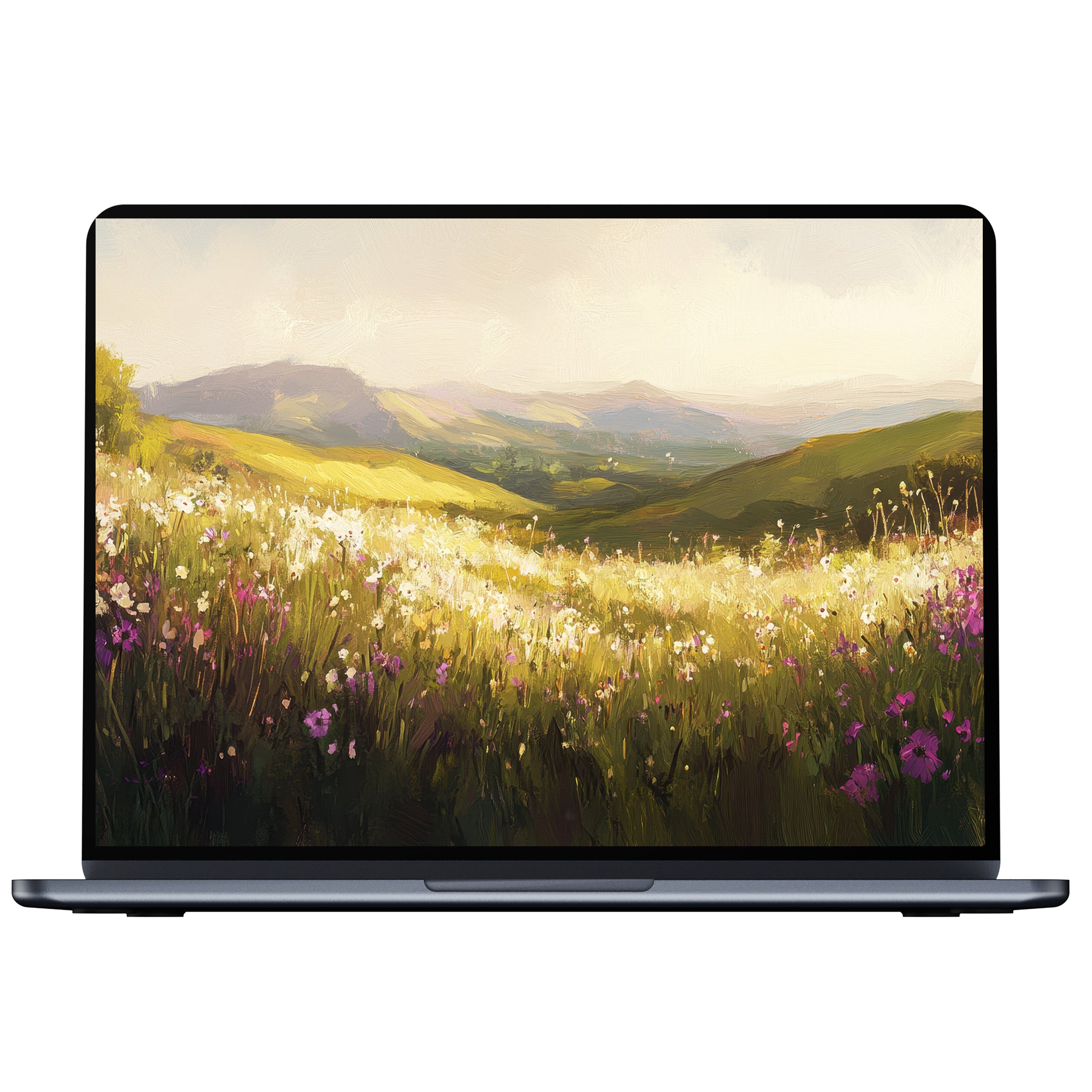 Elegant landscape desktop wallpaper with vibrant wildflowers and serene hills for digital download, perfect for PC or laptop screens