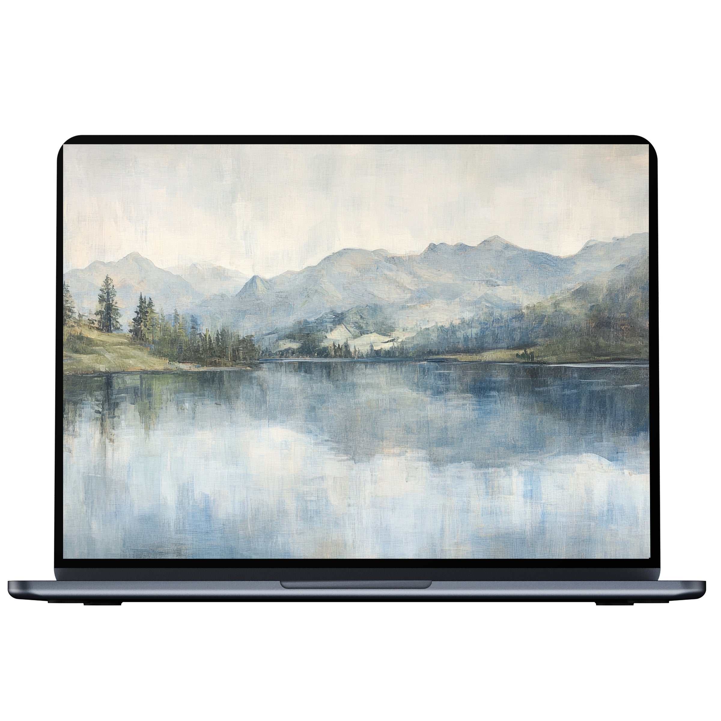 Serene landscape desktop wallpaper digital download offers elegant tranquility with soothing blues and greens for PC, laptop, or Mac