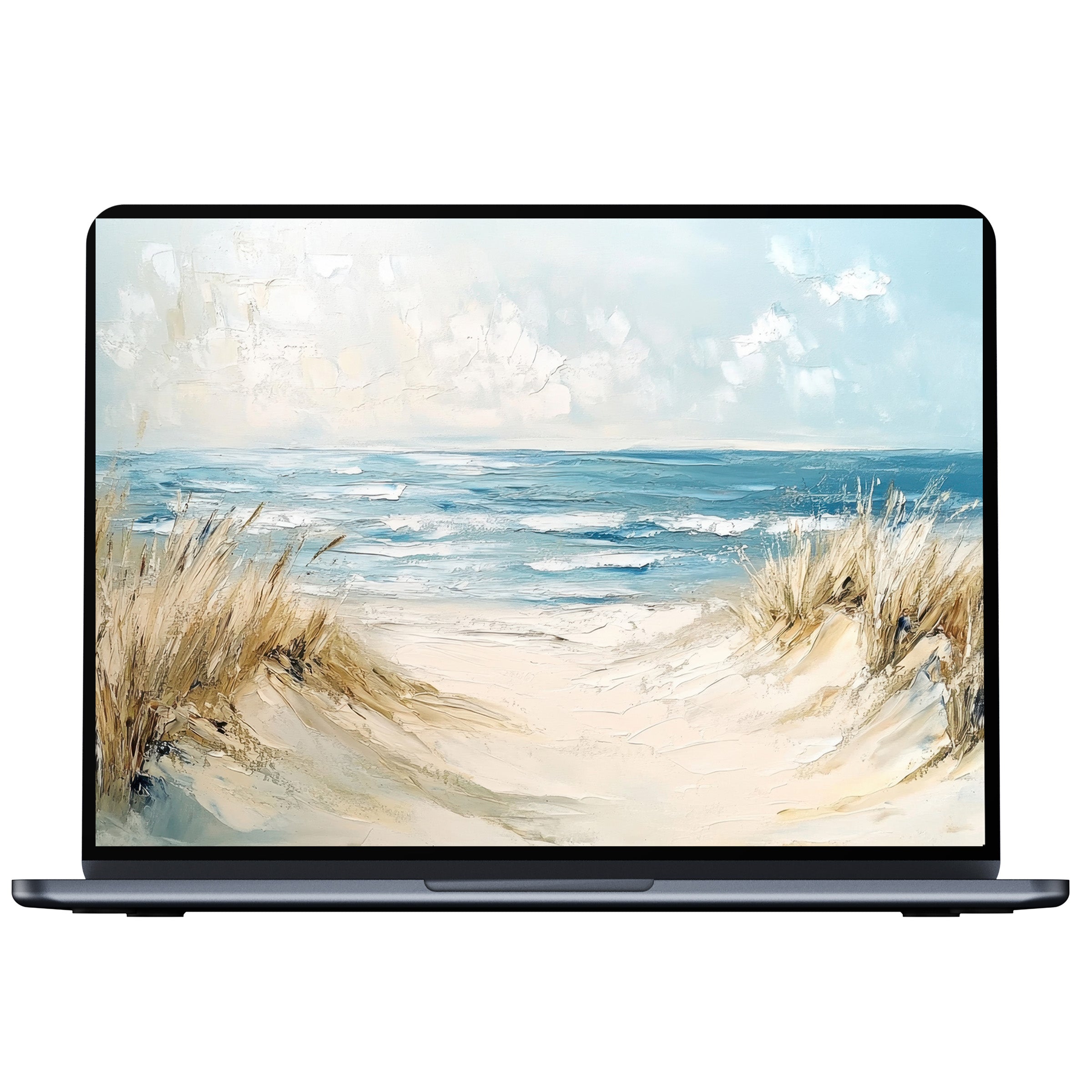 Tranquil beach landscape desktop wallpaper for PC and laptop; digital download with soothing elegance and calming vibes
