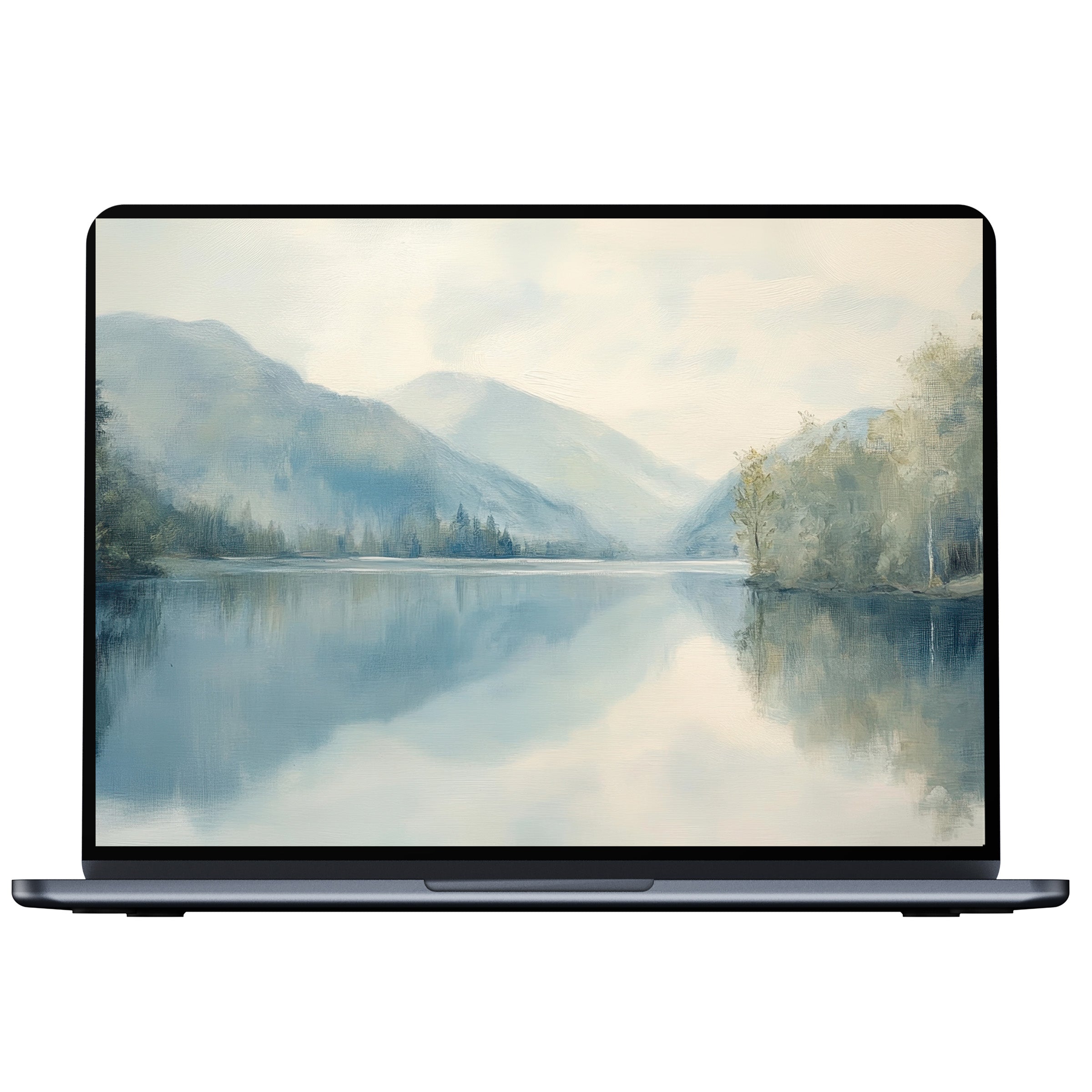 Serene landscape desktop wallpaper featuring misty mountains and tranquil lake reflections, perfect digital download for PC or laptop backgrounds