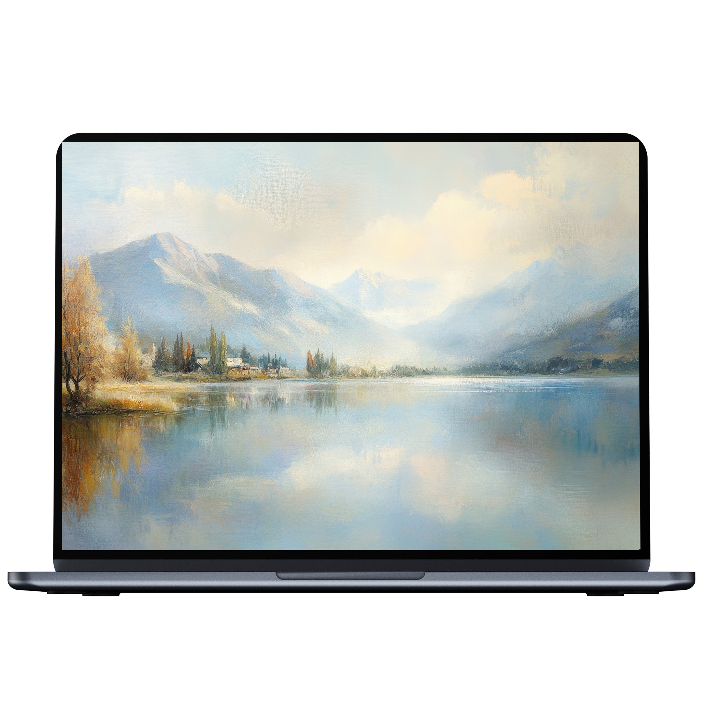 Tranquil landscape desktop wallpaper digital download featuring serene lake and mountains in soft pastels for PC, Laptop, Mac