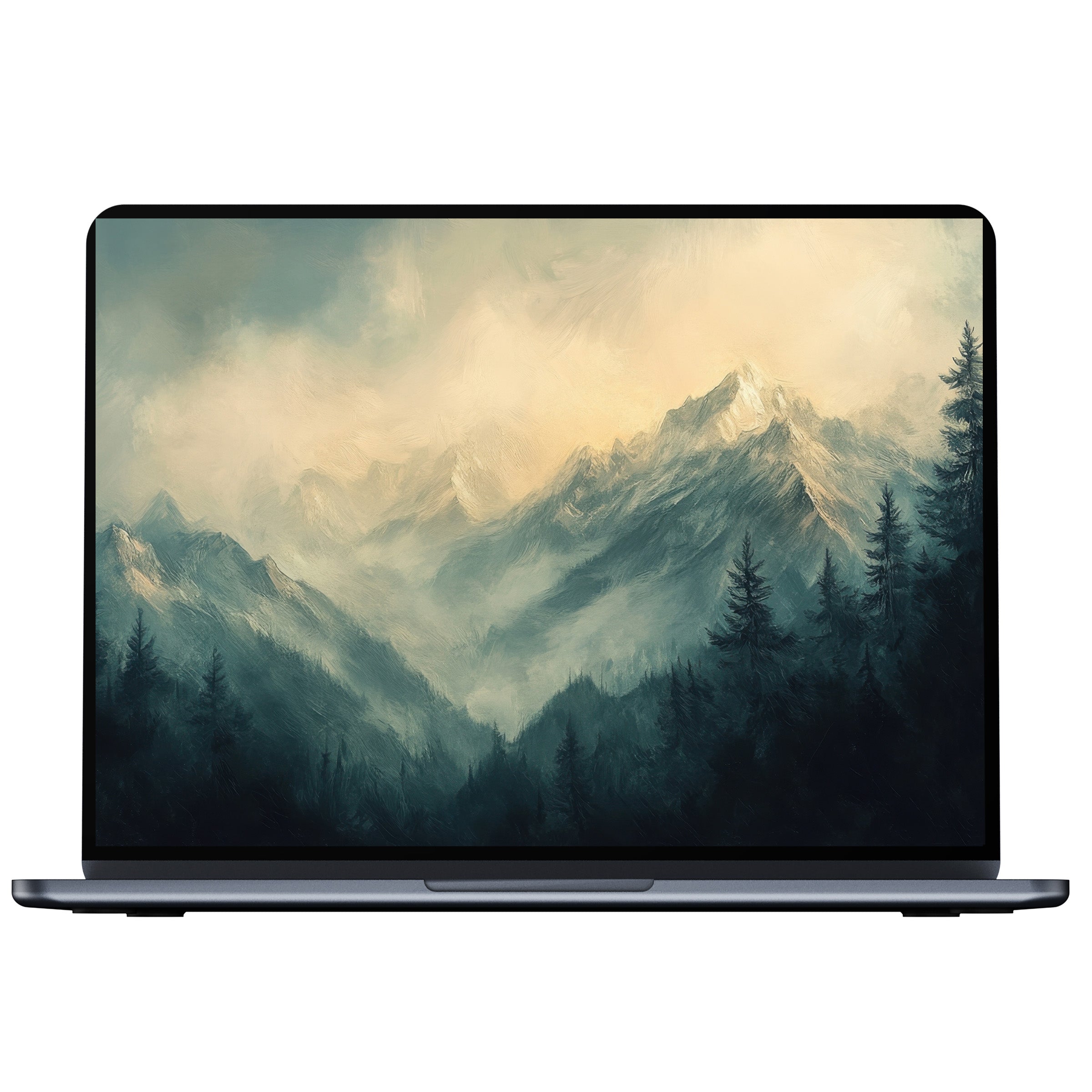 Inspiring landscape desktop wallpaper digital download with serene mountain mist, ideal for PC, laptop, or Mac screenscapes