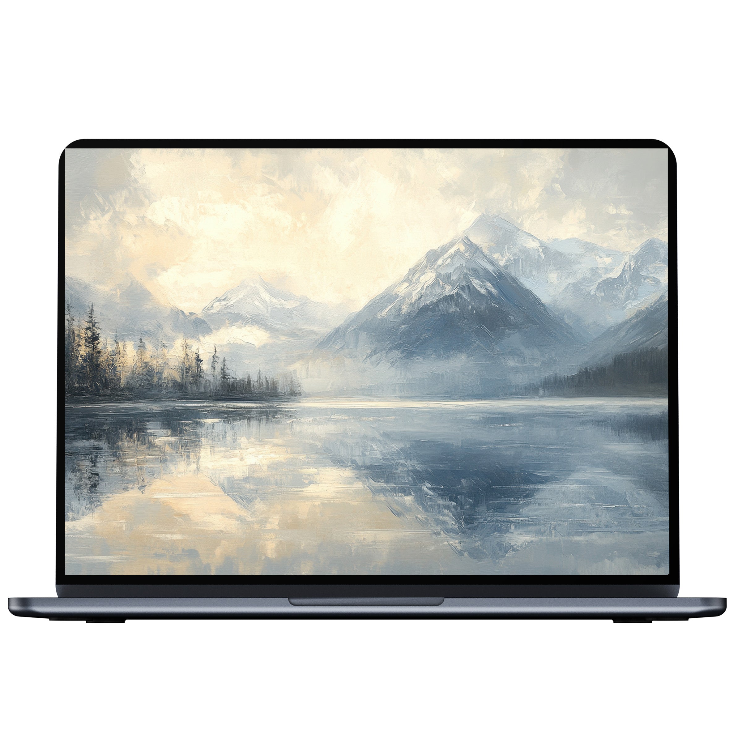 Serene landscape desktop wallpaper showcases a misty mountain lake in soothing hues perfect for PC and laptop digital download