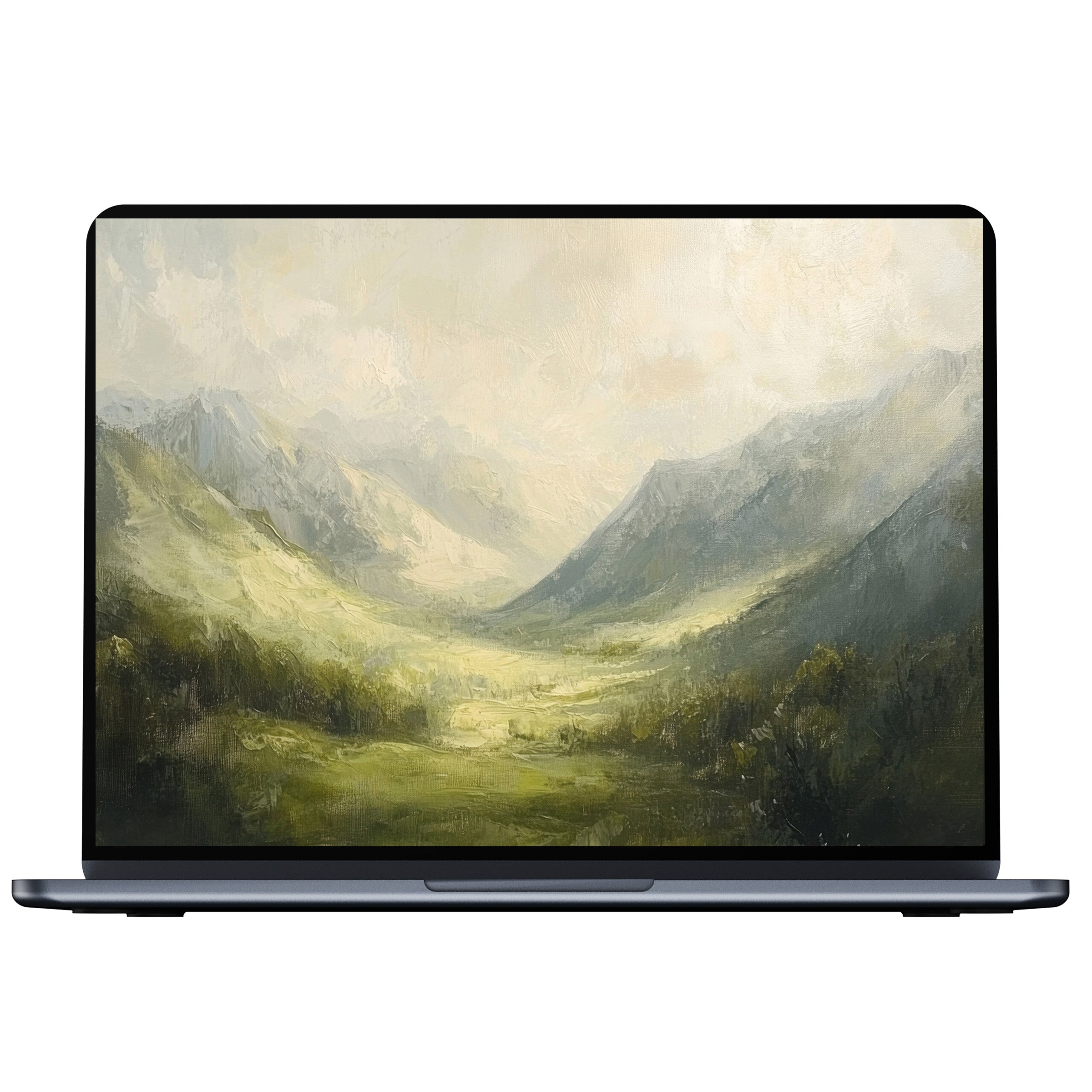 Serene landscape desktop wallpaper in soft greens and grays inspires elegance and calm for PC, laptop, or Mac digital download
