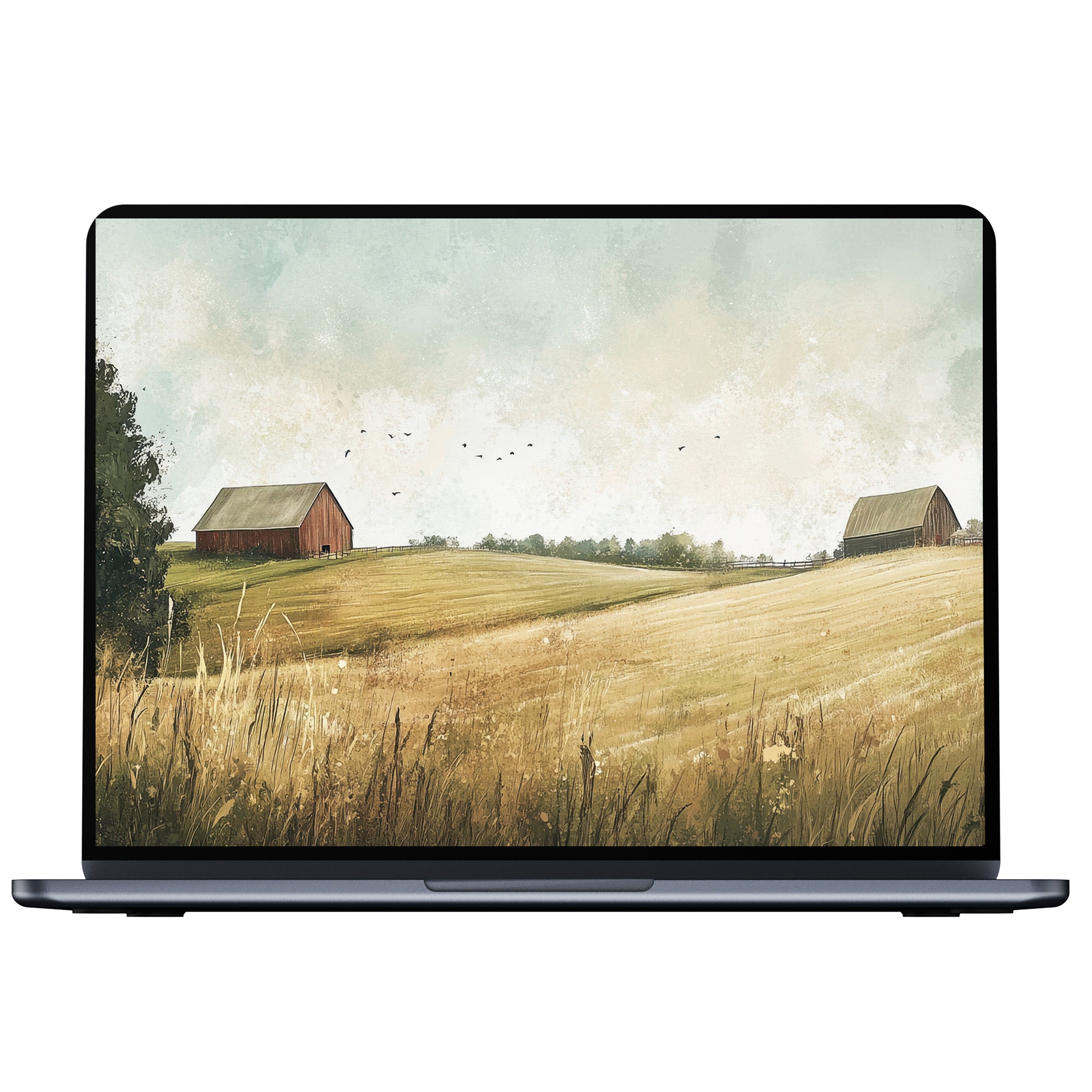 Serene landscape desktop wallpaper digital download features rustic barns on golden fields perfect for PC or laptop tranquility