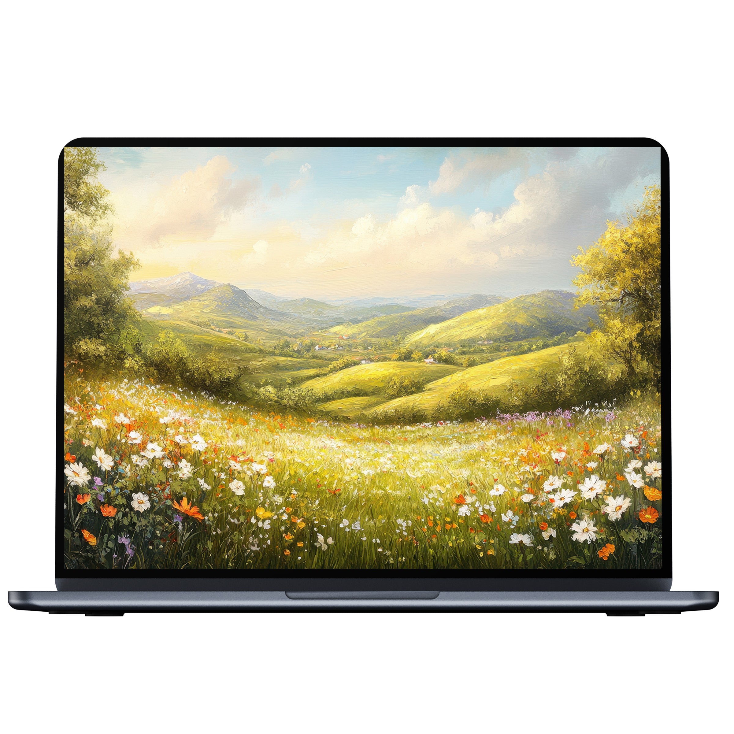 Lush landscape desktop wallpaper with rolling hills and wildflowers exudes calm and elegance for PC or laptop digital download