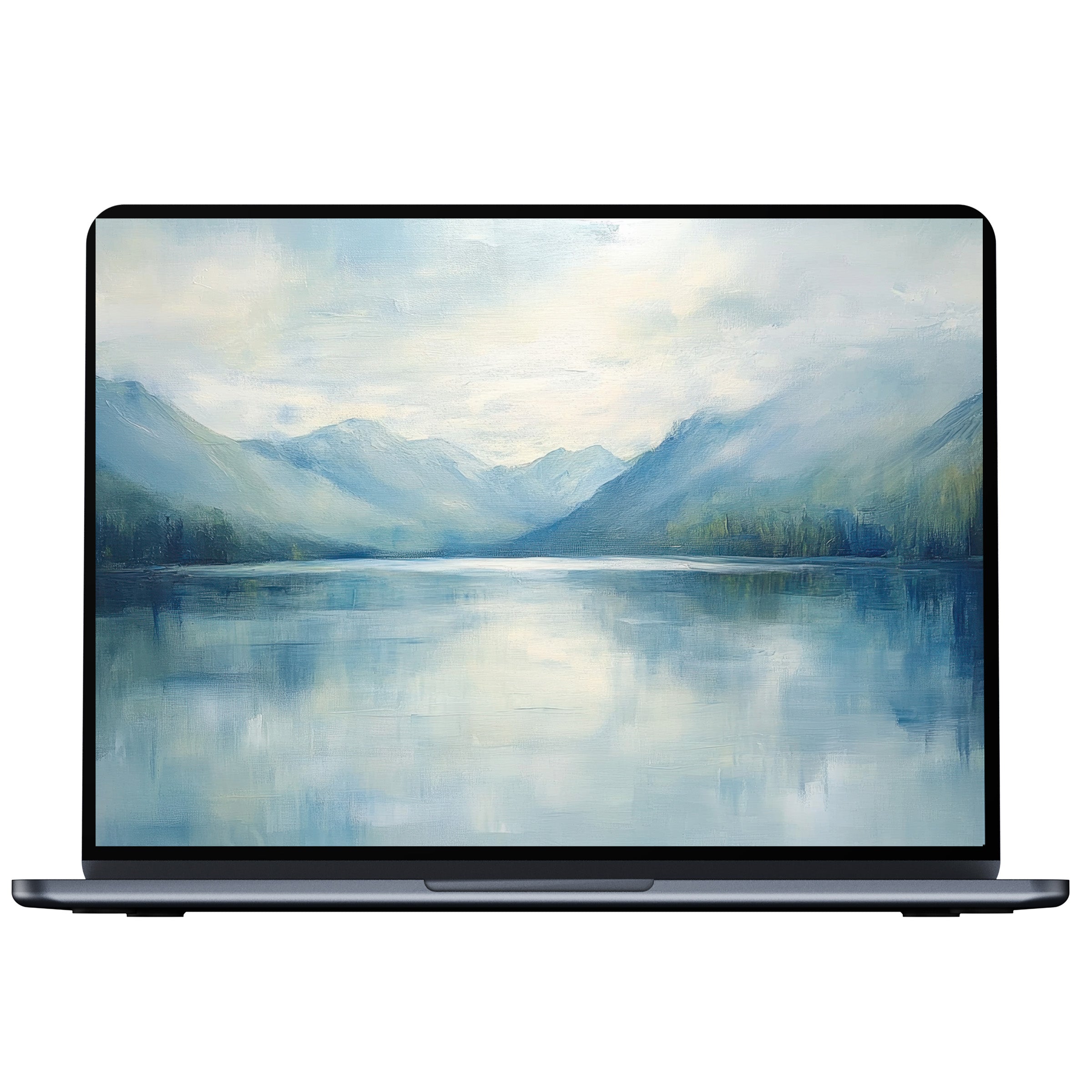 Serene landscape desktop wallpaper with calming blue mountains and lake for digital download, perfect for PC and laptop screens