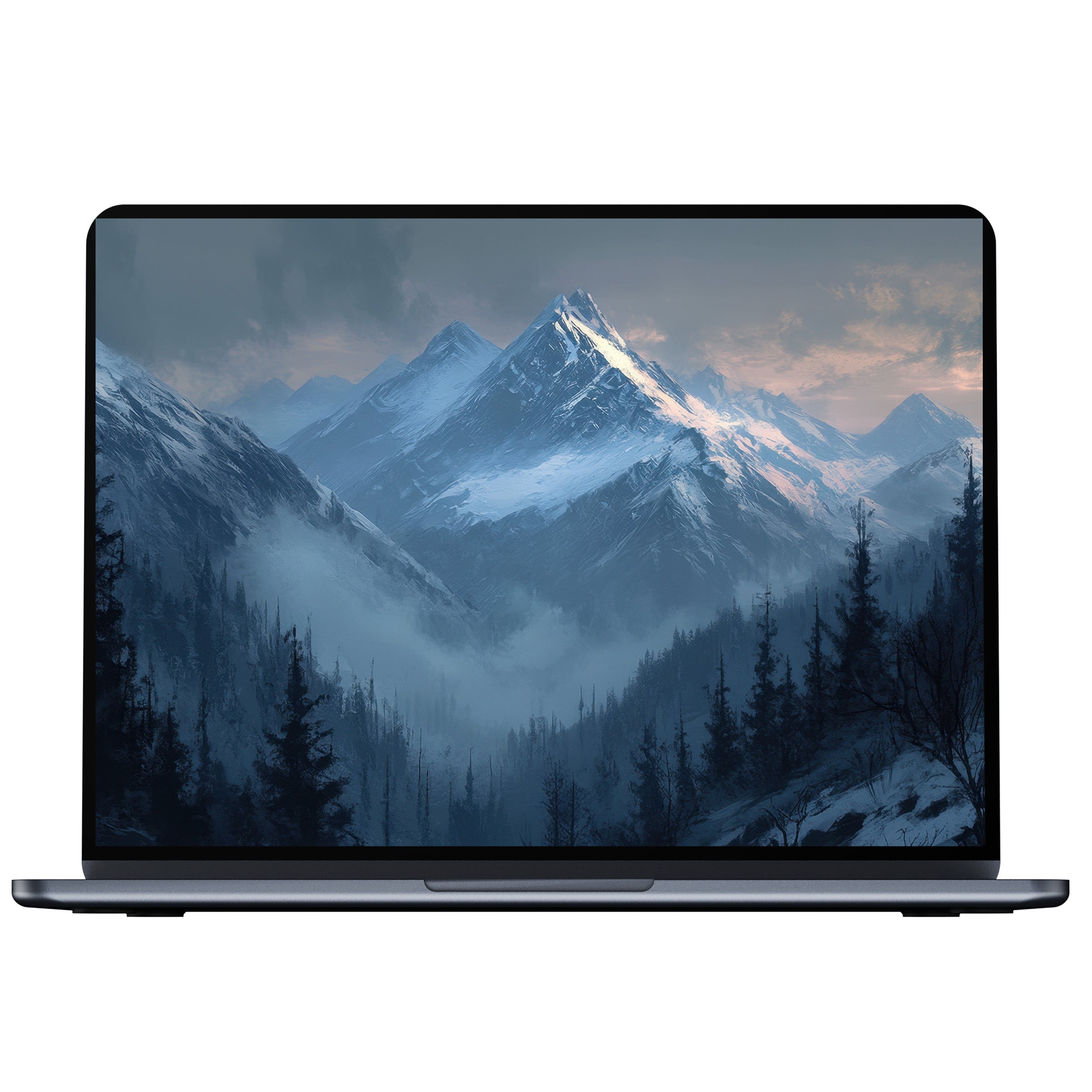 Serene landscape desktop wallpaper digital download featuring misty mountains and pine forests perfect for PC and laptop screens