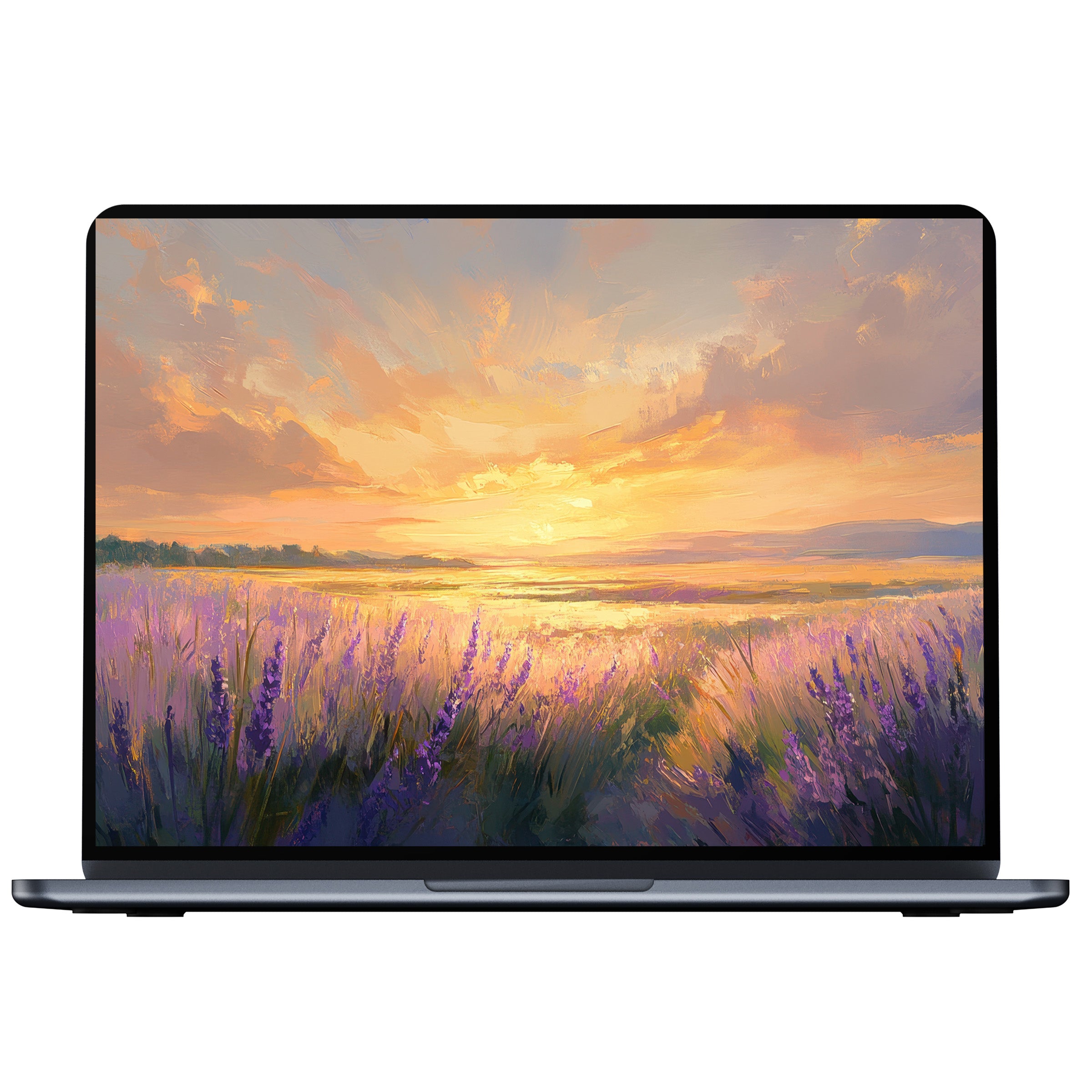 Serene landscape desktop wallpaper digital download with a vibrant sunset and lavender fields perfect for PC or laptop screens