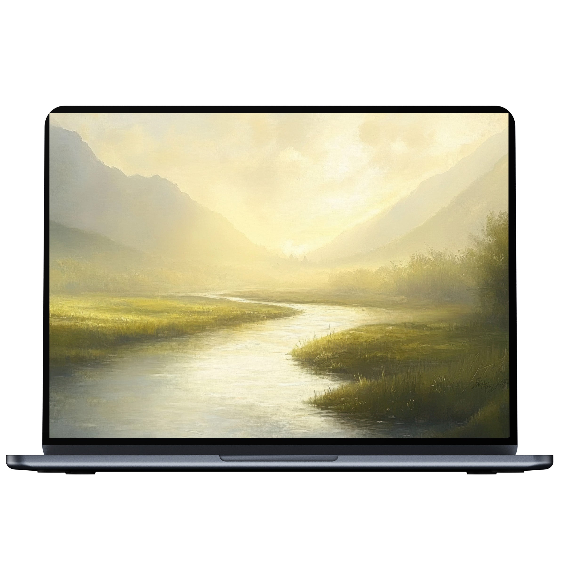 Elegant landscape desktop wallpaper with a serene river view in soft pastels for PC or laptop digital download inspiring tranquility