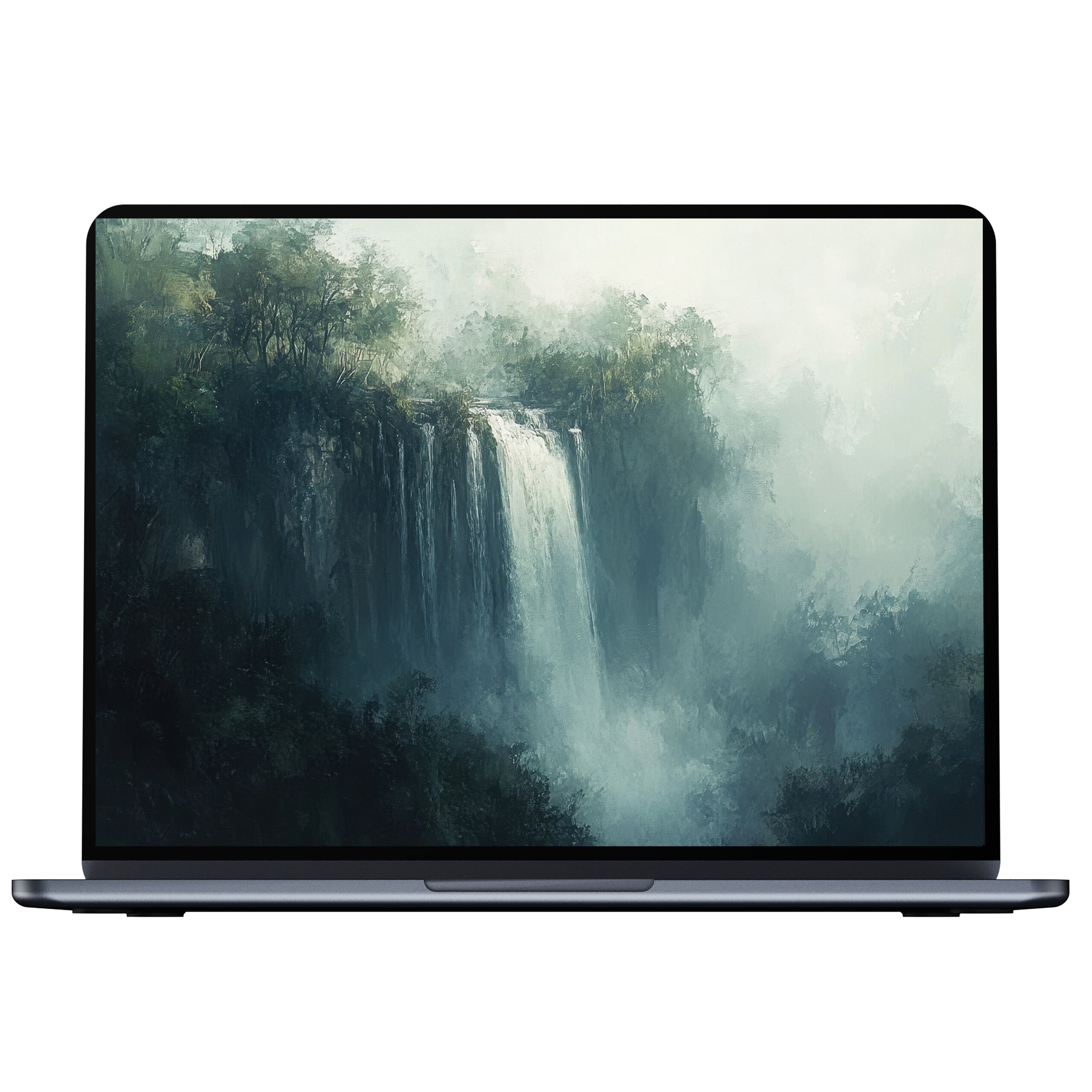 Serene landscape desktop wallpaper featuring a misty waterfall for digital download, perfect for PC, laptop, or Mac backgrounds