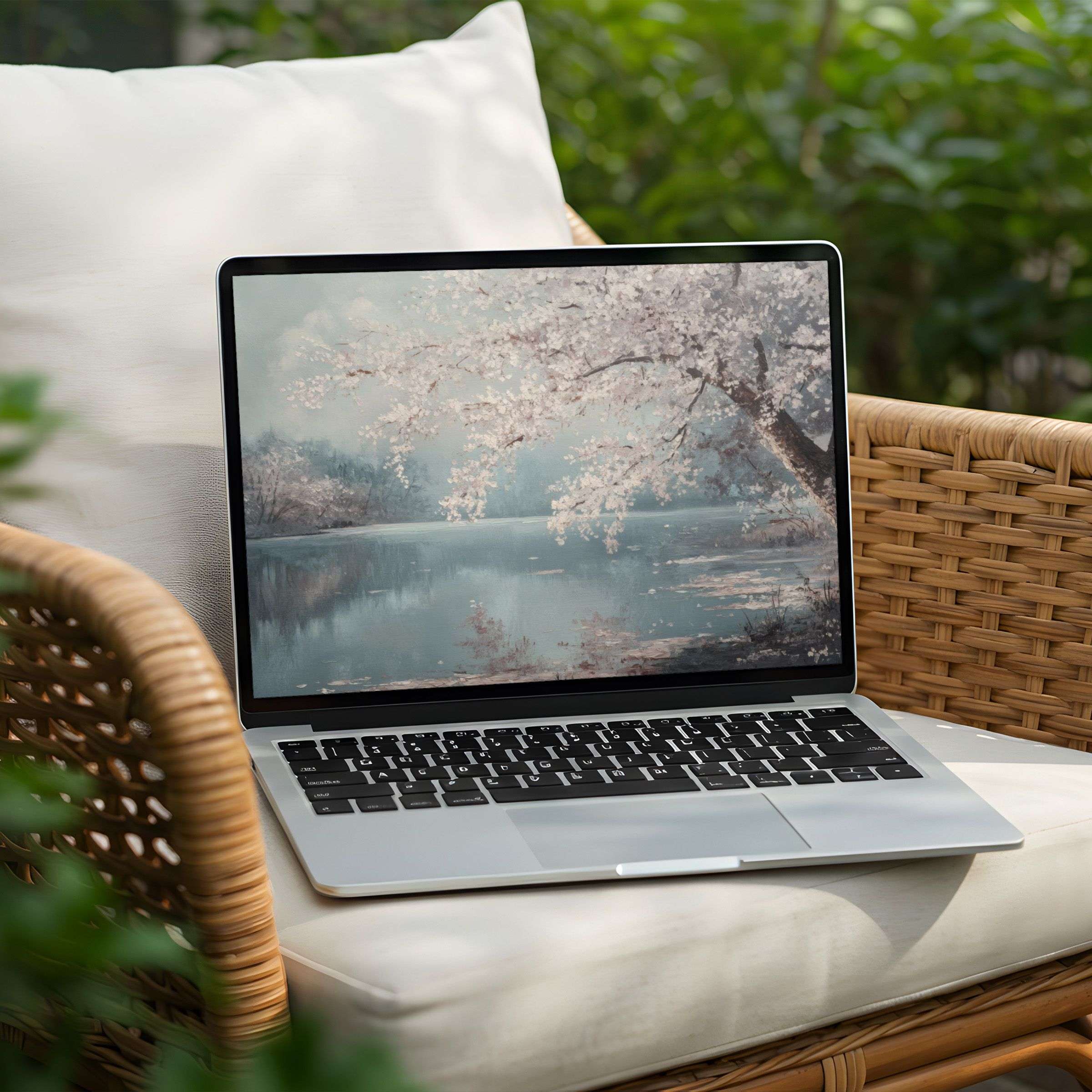 Elegant cherry blossom desktop background for PC and Laptop, instant download for a serene, inspirational design-focused space