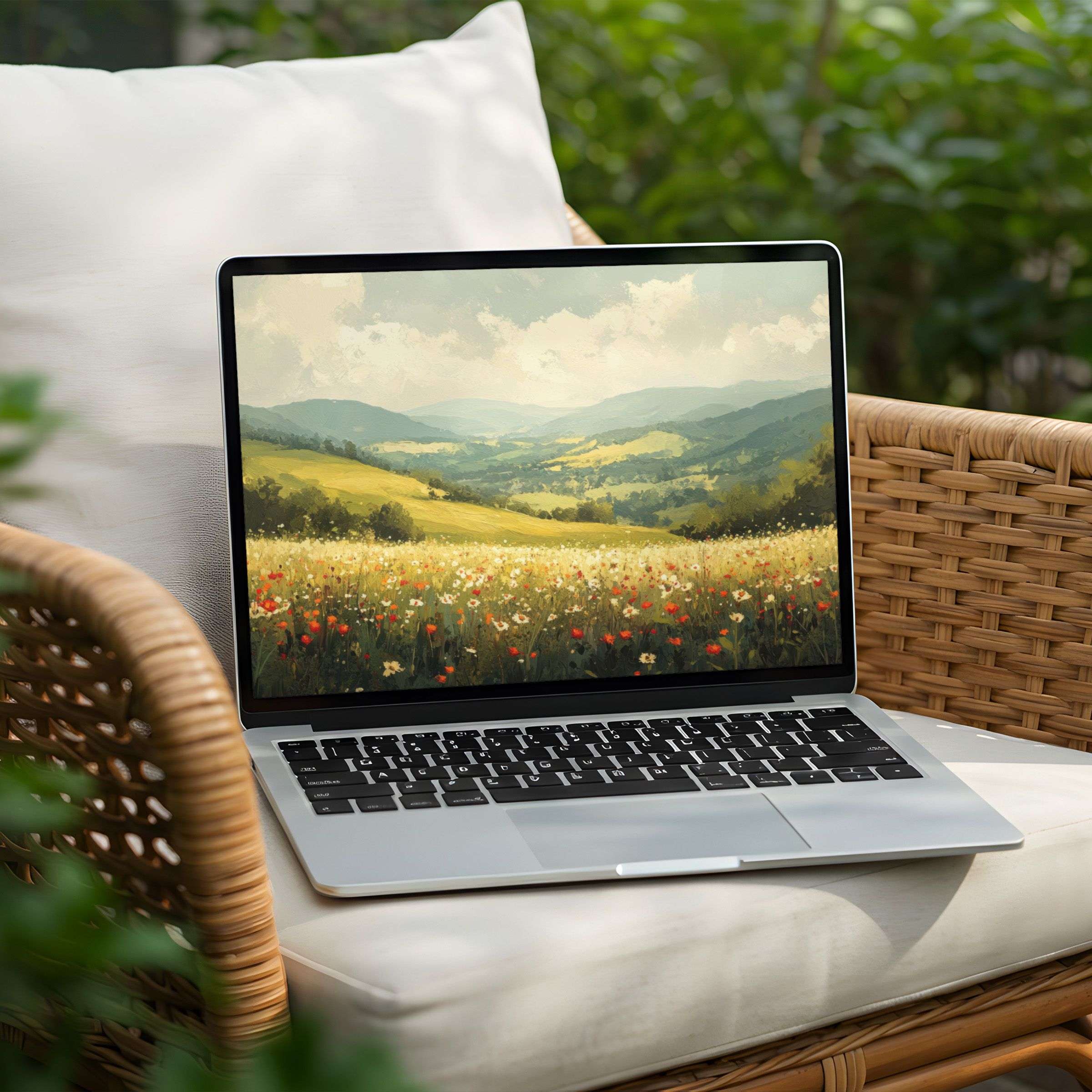 Calm your mind with this elegant instant download desktop background for PC or Laptop showcasing tranquil landscapes and fields