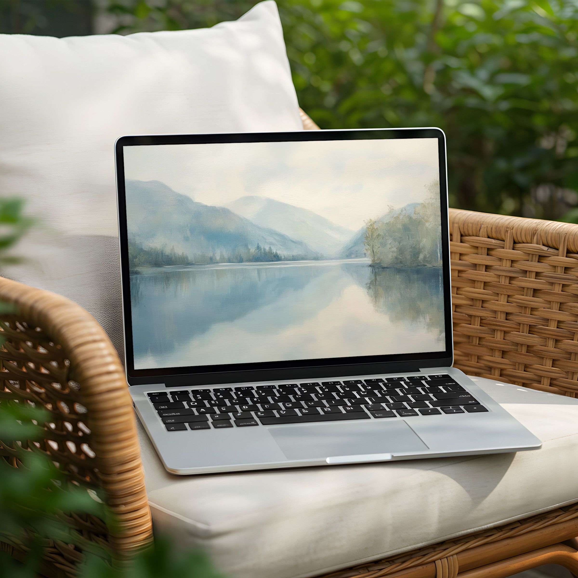 Serene mountain lake digital art as a desktop background for PC and Laptop instant download for elegance and mindfulness