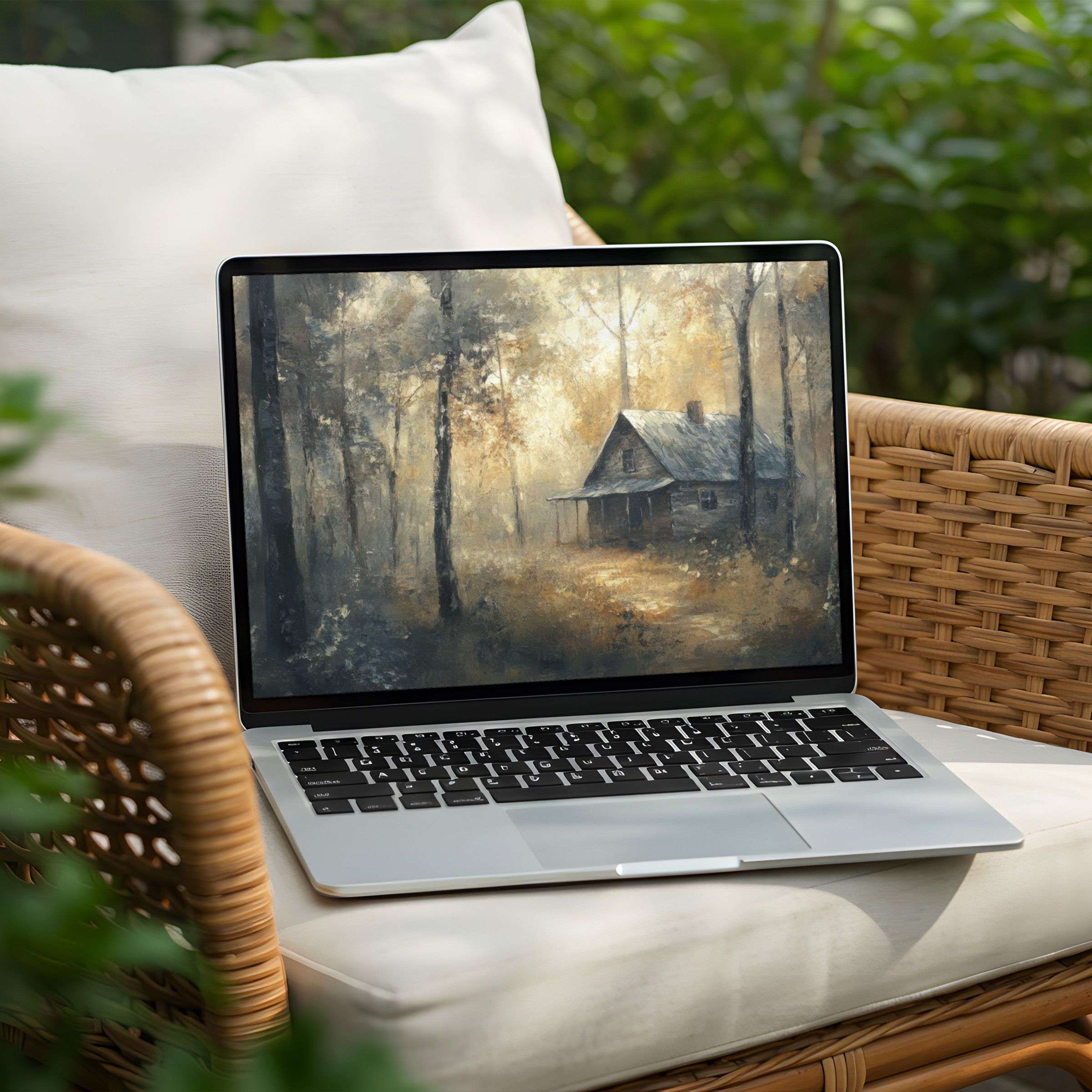 Elegant forest cabin digital art for PC or Laptop desktop background Instant download brings calm inspiration to your space