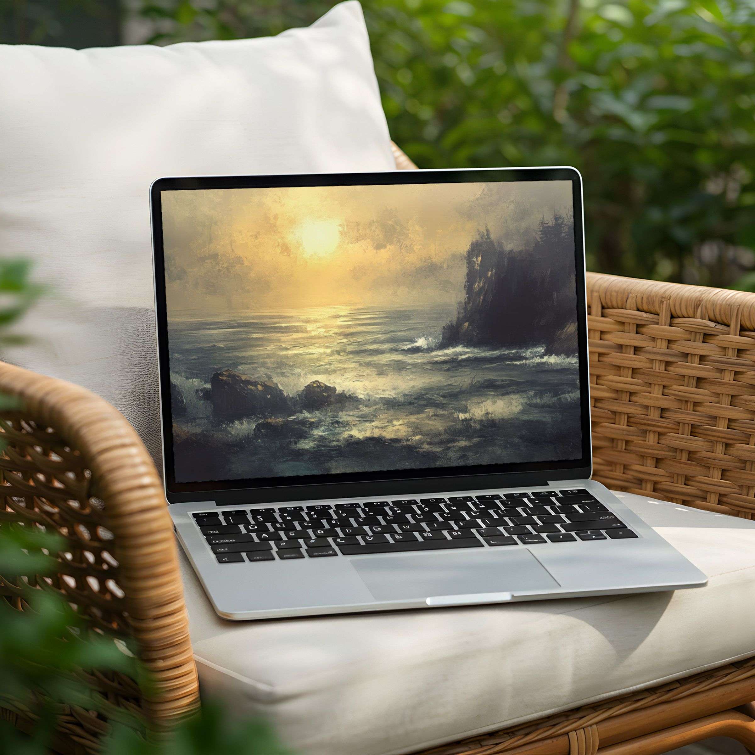 Elegant sunset seascape desktop background on laptop screen, offering mindful tranquility and instant download for PC or Laptop users