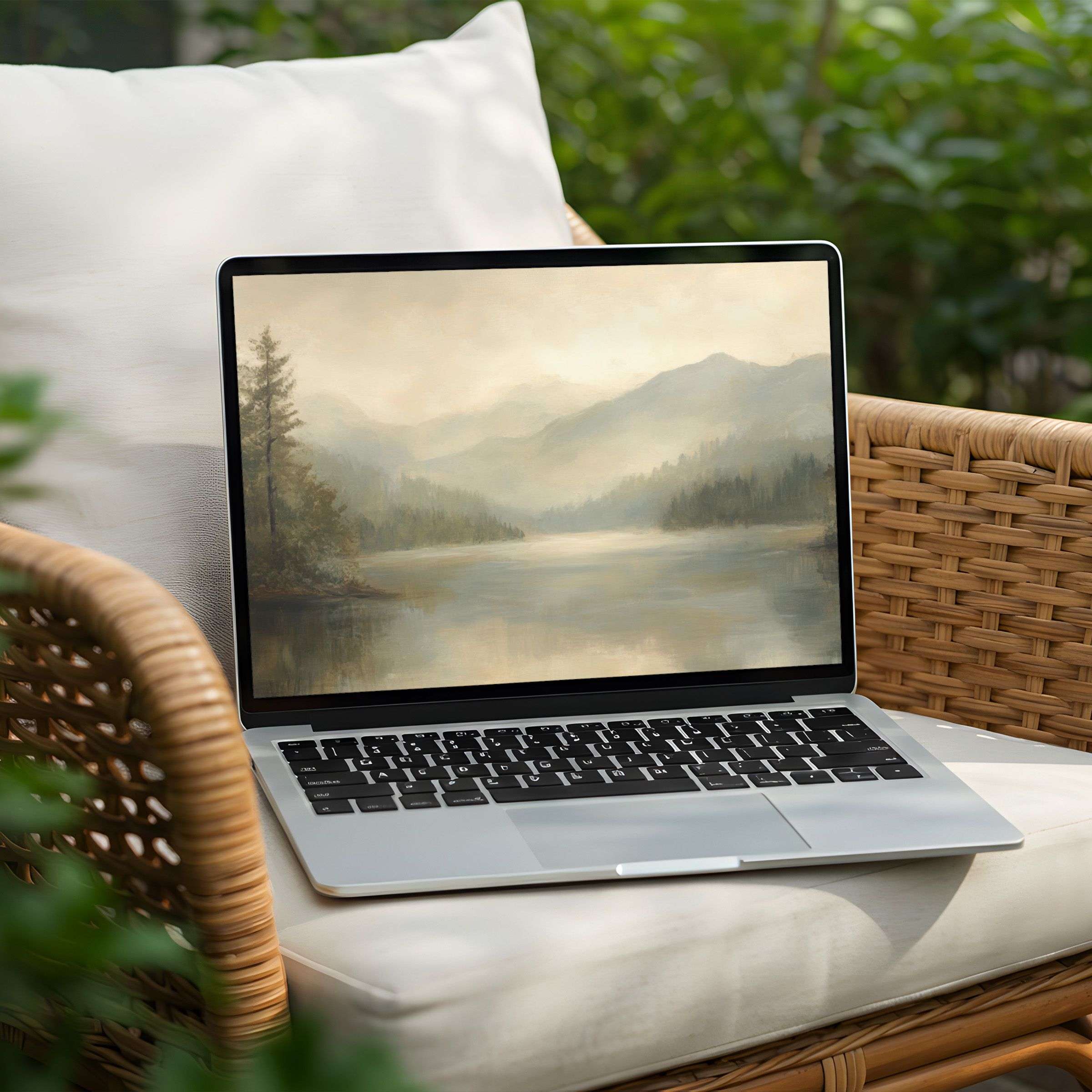 Tranquil mountain lake scene as a desktop background for PC or laptop offers mindfulness and elegance with instant download options