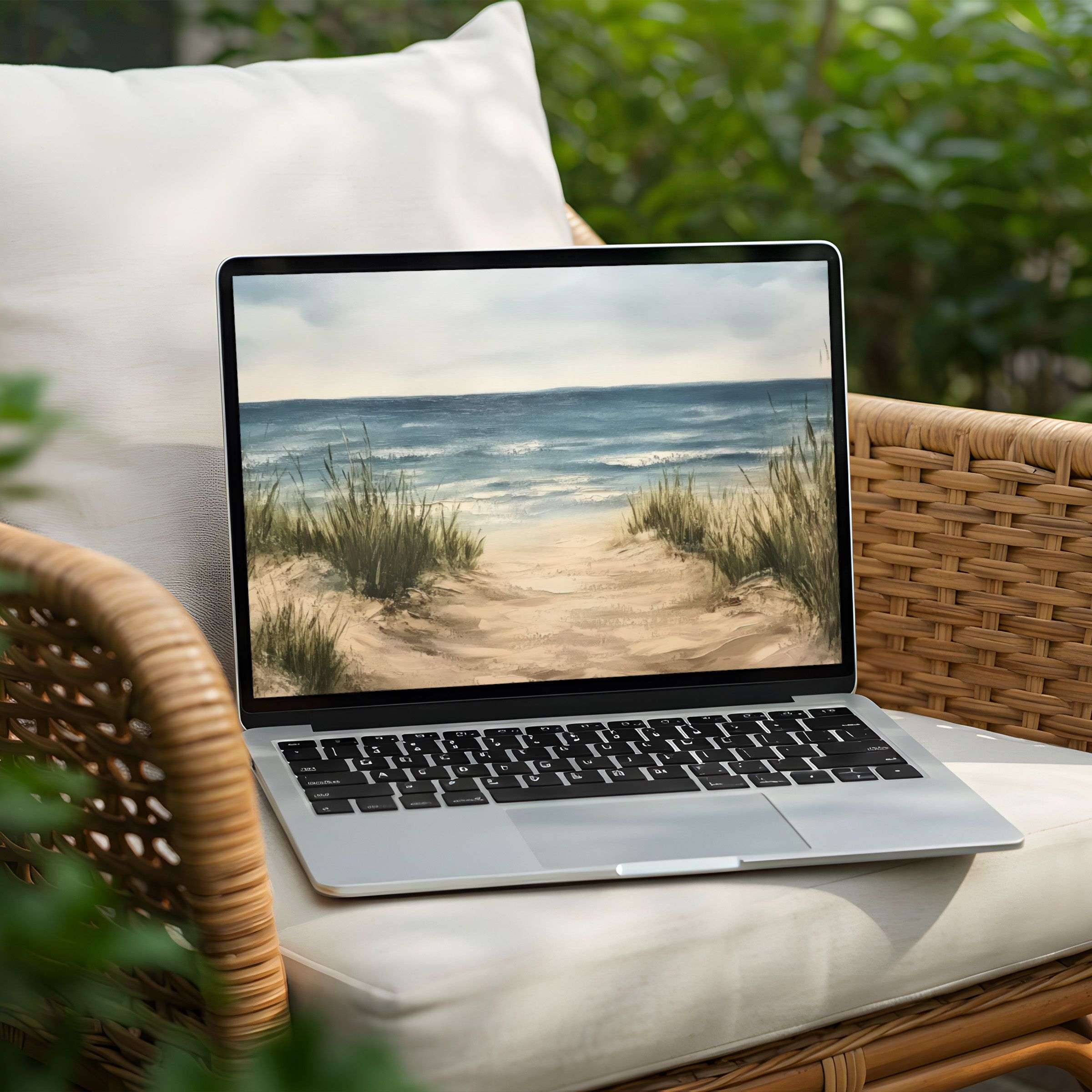 Serene beach scene for desktop background, available as instant download for PC and Laptop, inspiring calm and elegance