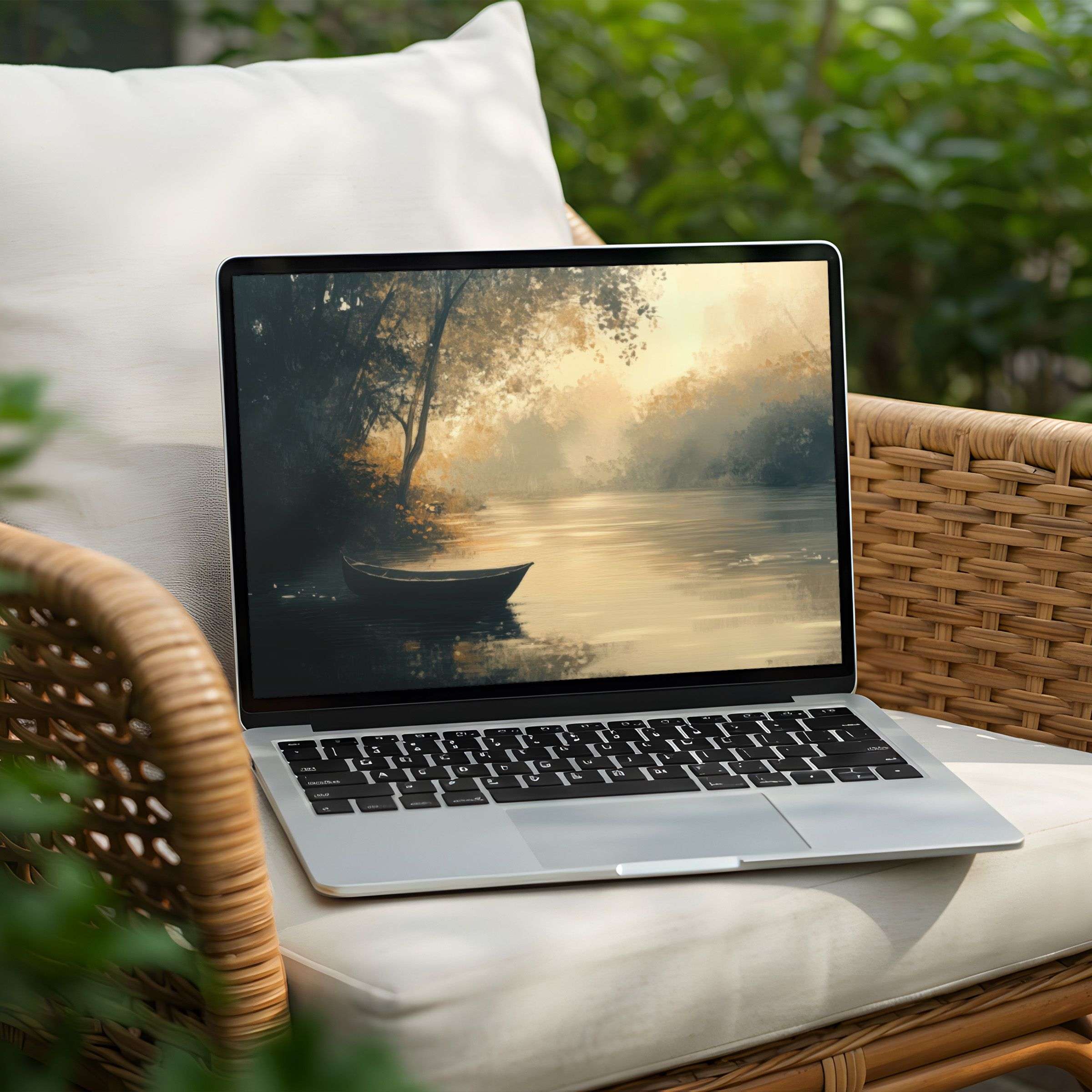 Elegant desktop background for instant download, featuring a serene river scene on a Laptop, perfect for PC tranquility seekers