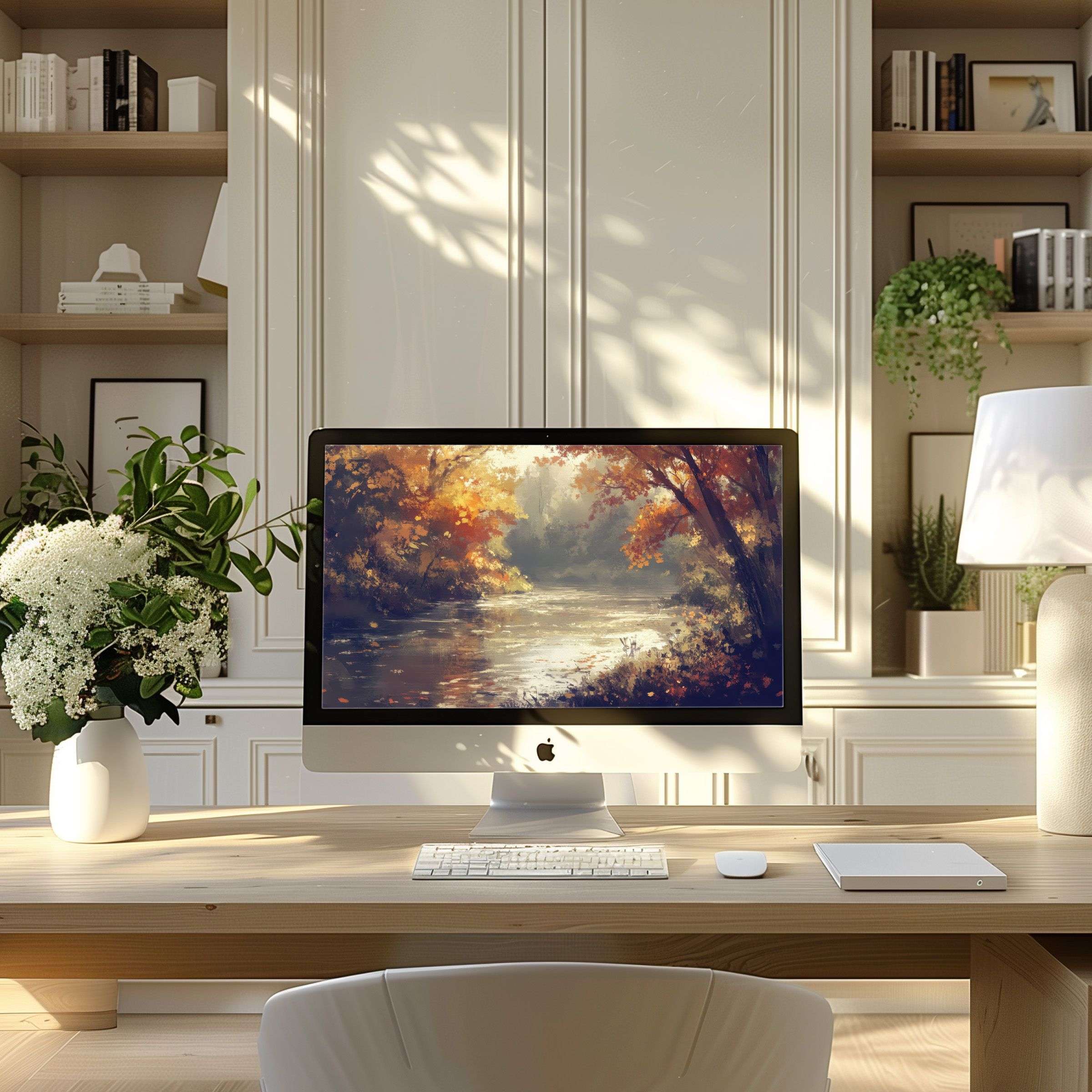 Serene autumn scene digital art wallpaper for computer and laptop elevates modern home office ambiance, inspiring calm and elegance