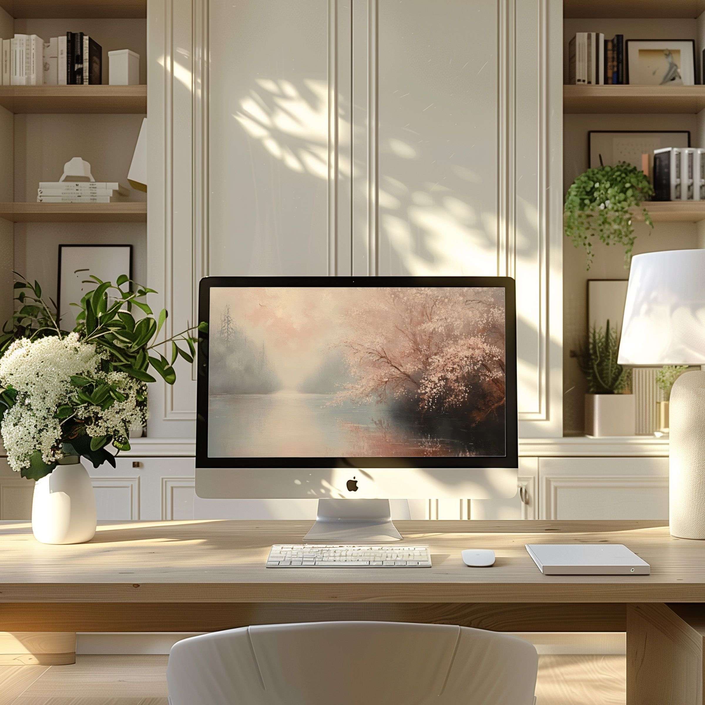 Elegant cherry blossom digital art wallpaper for computer, PC, and Laptop inspires calm in a modern, serene home office setting