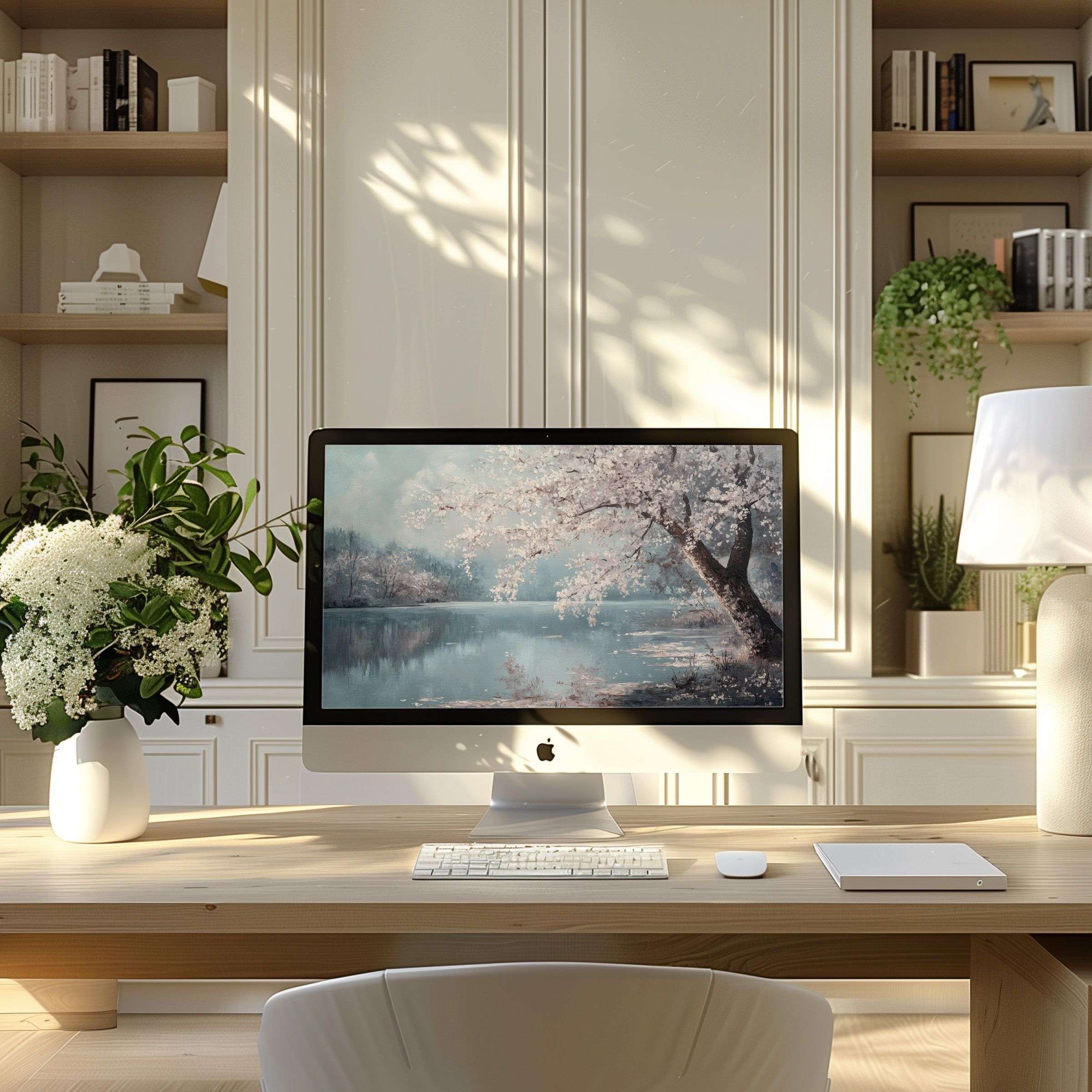 Elegant cherry blossom wallpaper for computer inspires calm in a modern home office, perfect for PC, laptop, ultrawide use